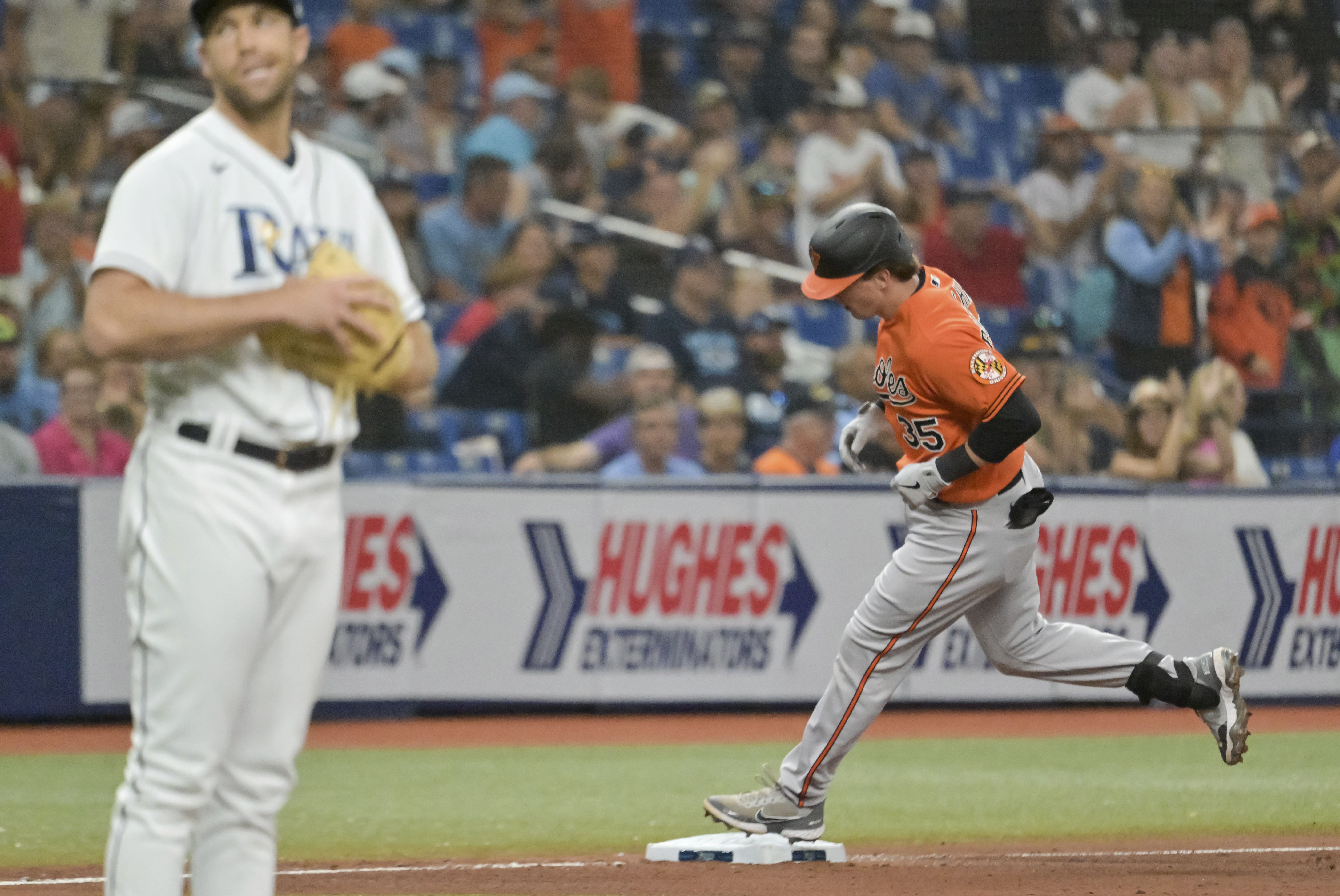Baltimore Orioles players wear a patch honoring Jackie Robinson before a  baseball game against the Tampa Bay Rays Tuesday, April 16, 2019, in St.  Petersburg, Fla. (AP Photo/Chris O'Meara Stock Photo 