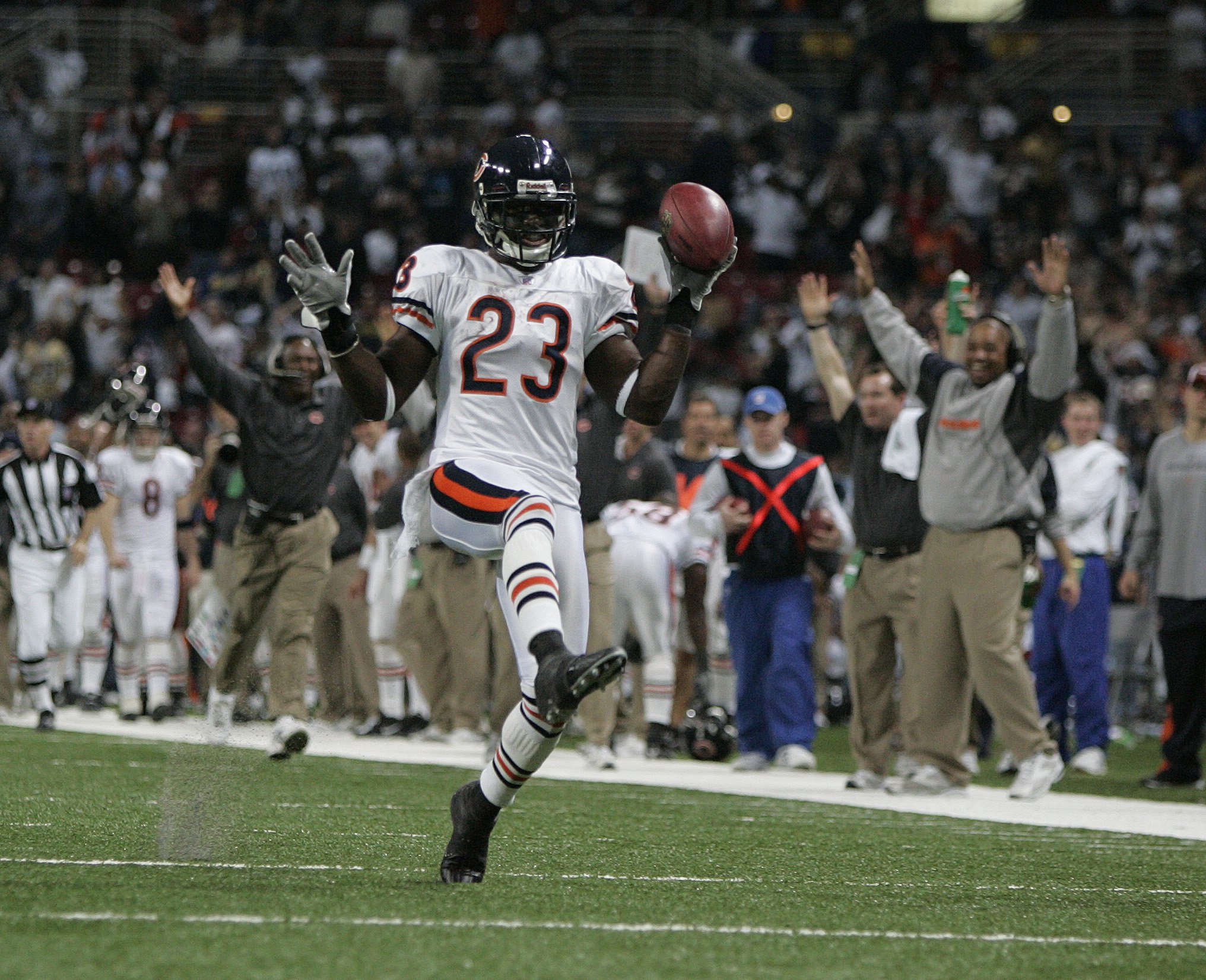 Chicago Bears Devin Hester takes the first of two kickoffs back for a  touchdown in the second quarter against the St. Louis Rams at the Edward  Jones Dome in St. Louis on