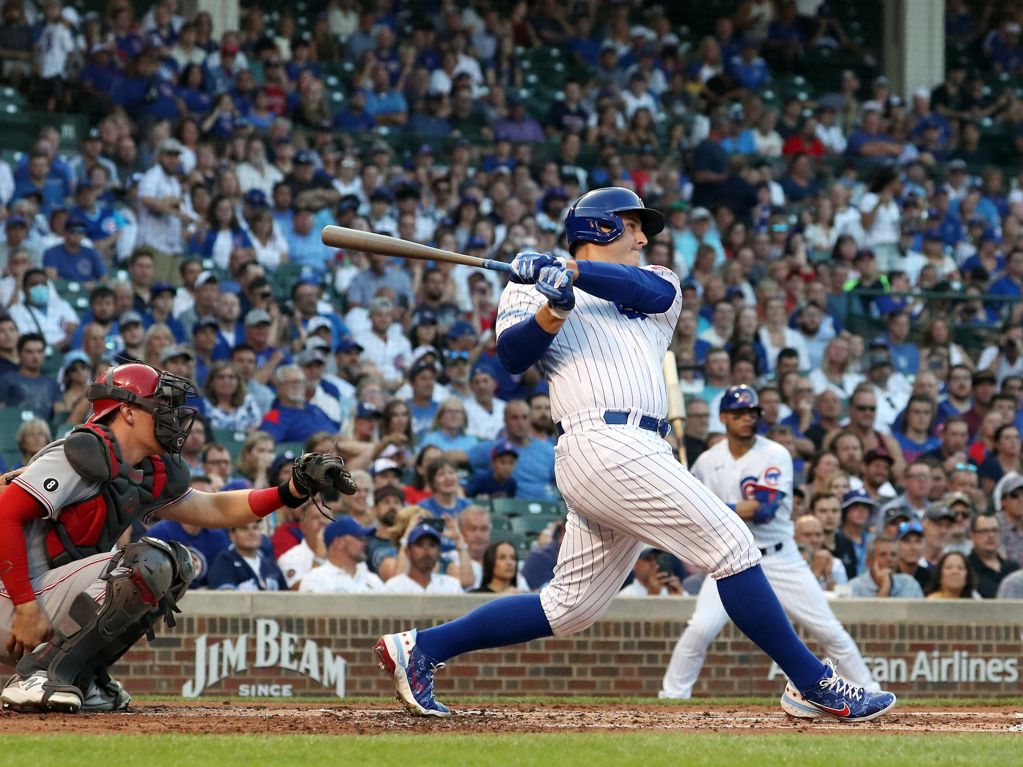 Chicago, United States. 11th June, 2021. Chicago Cubs left fielder Joc  Pederson (24) celebrates his 2 run RBI double in the 7th inning against the  St. Louis Cardinals at Wrigley Field on
