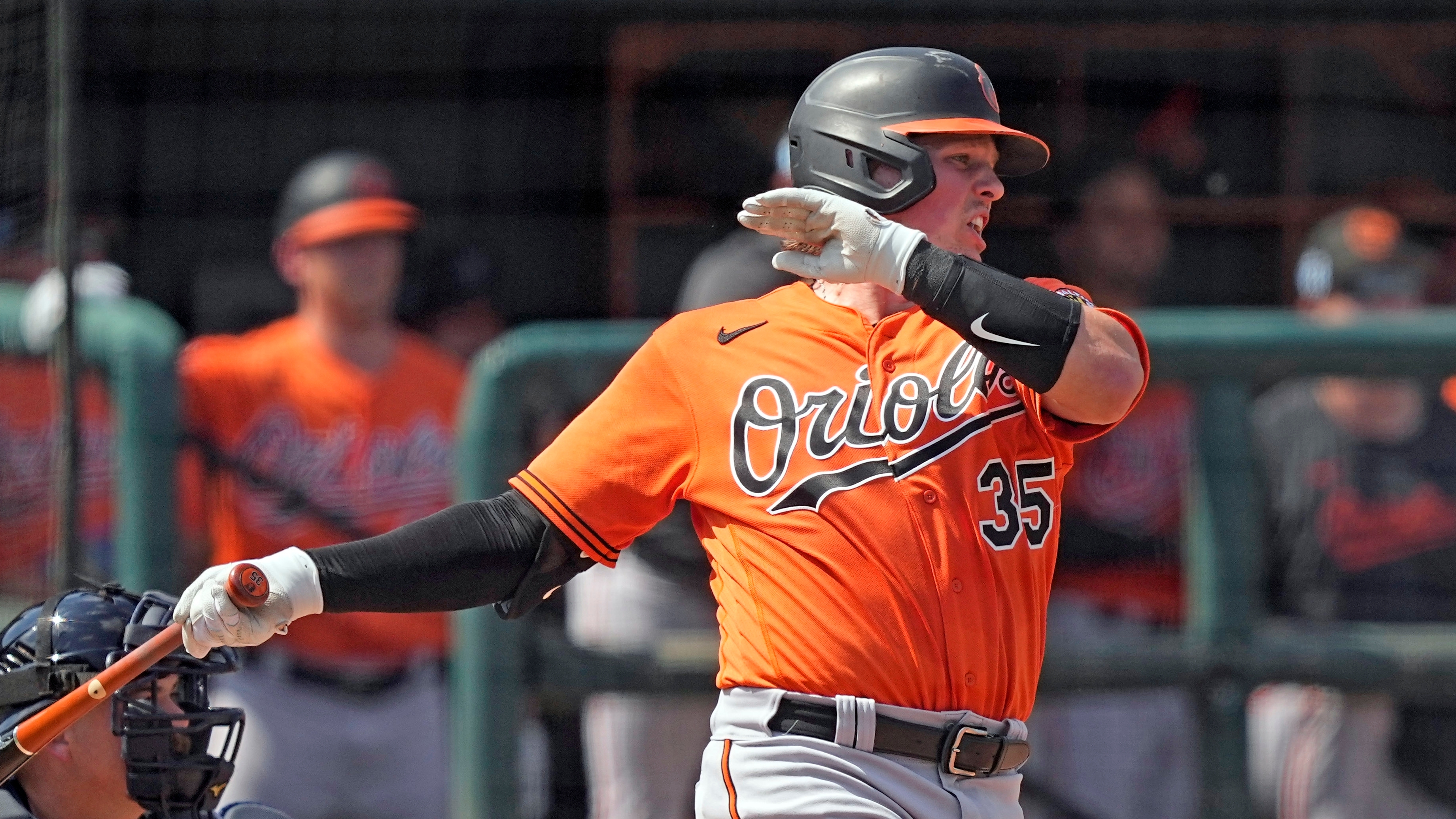 Baltimore Orioles Adley Rutschman (35) bats during a spring training  baseball game against the Pittsburgh Pirates
