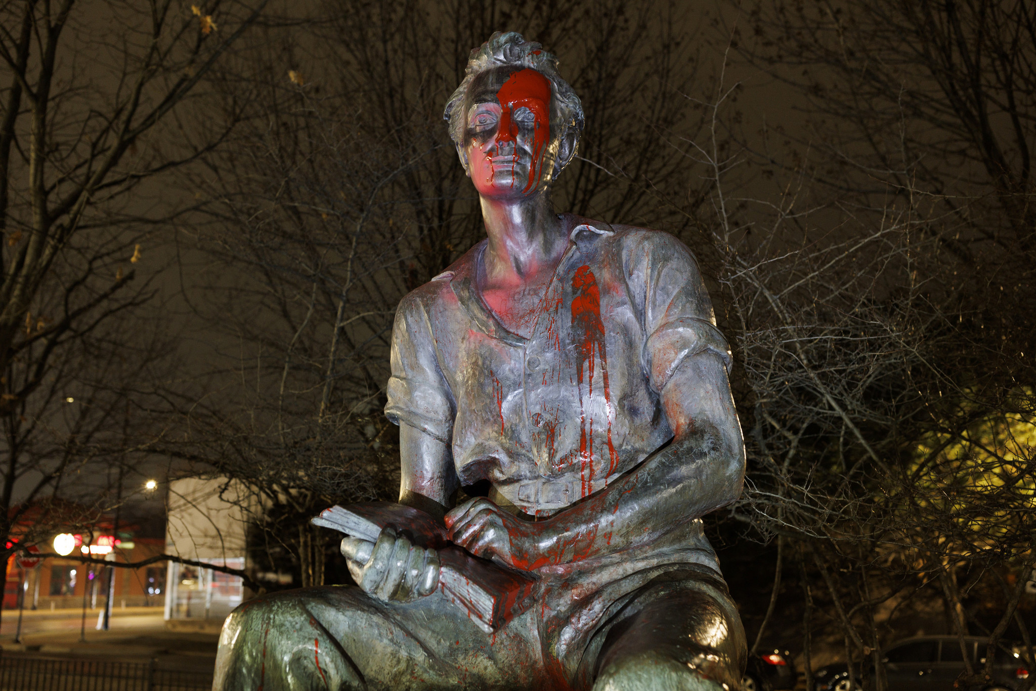 Statue of Young Abraham Lincoln is vandalized with red paint on