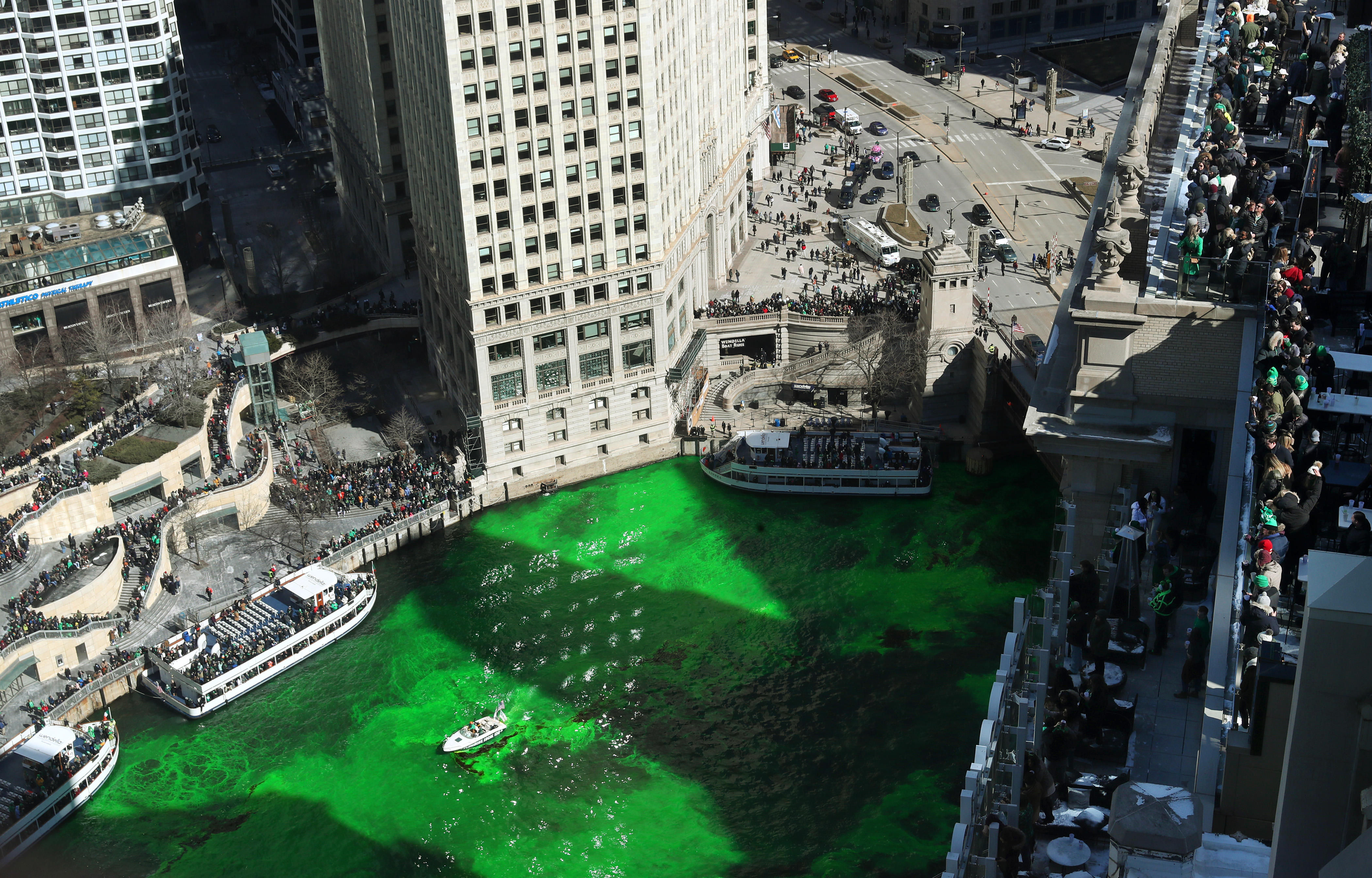 Chicago River dyed green for St. Patrick's Day 2023 