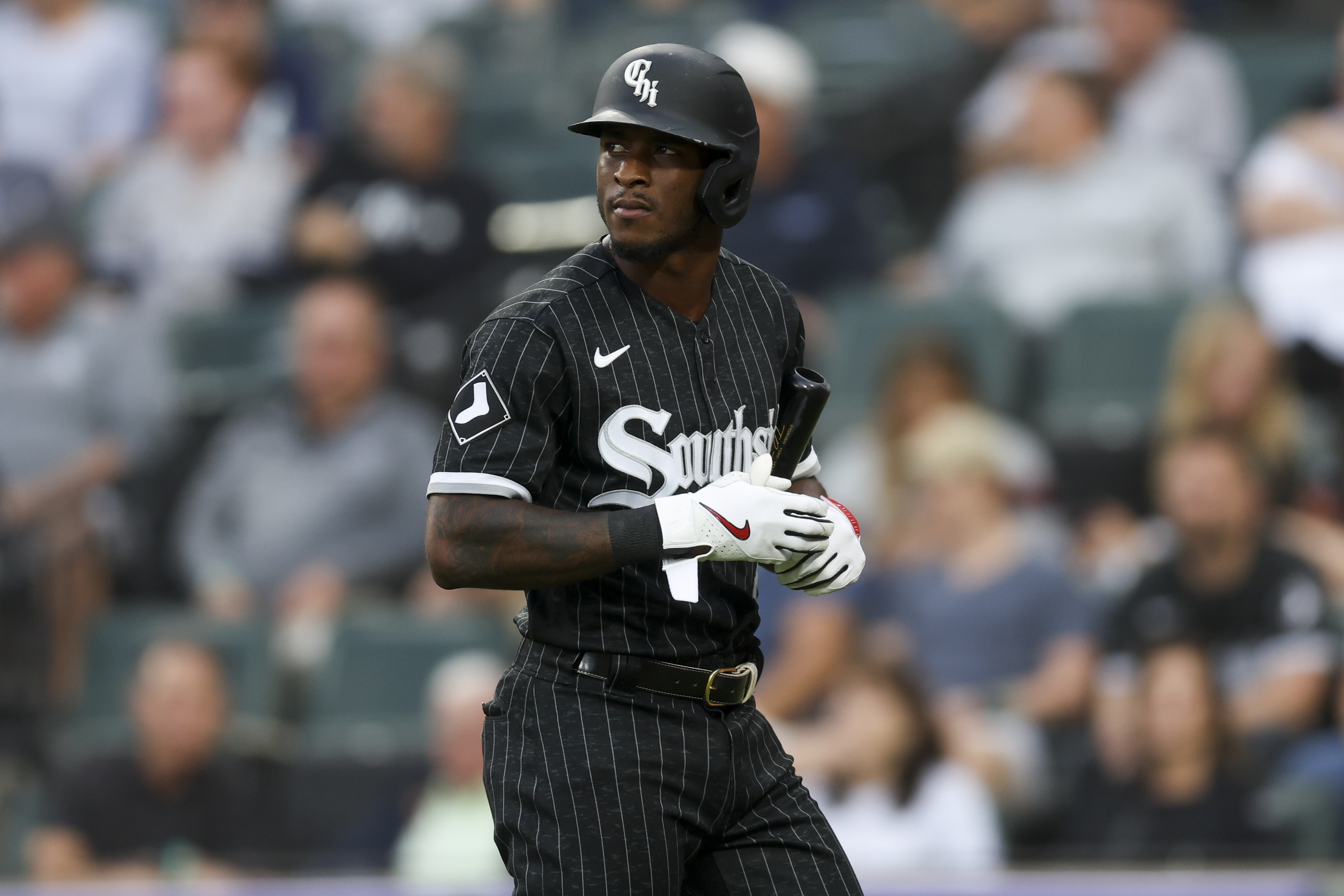 Tim Anderson of the Chicago White Sox warms up prior to a game