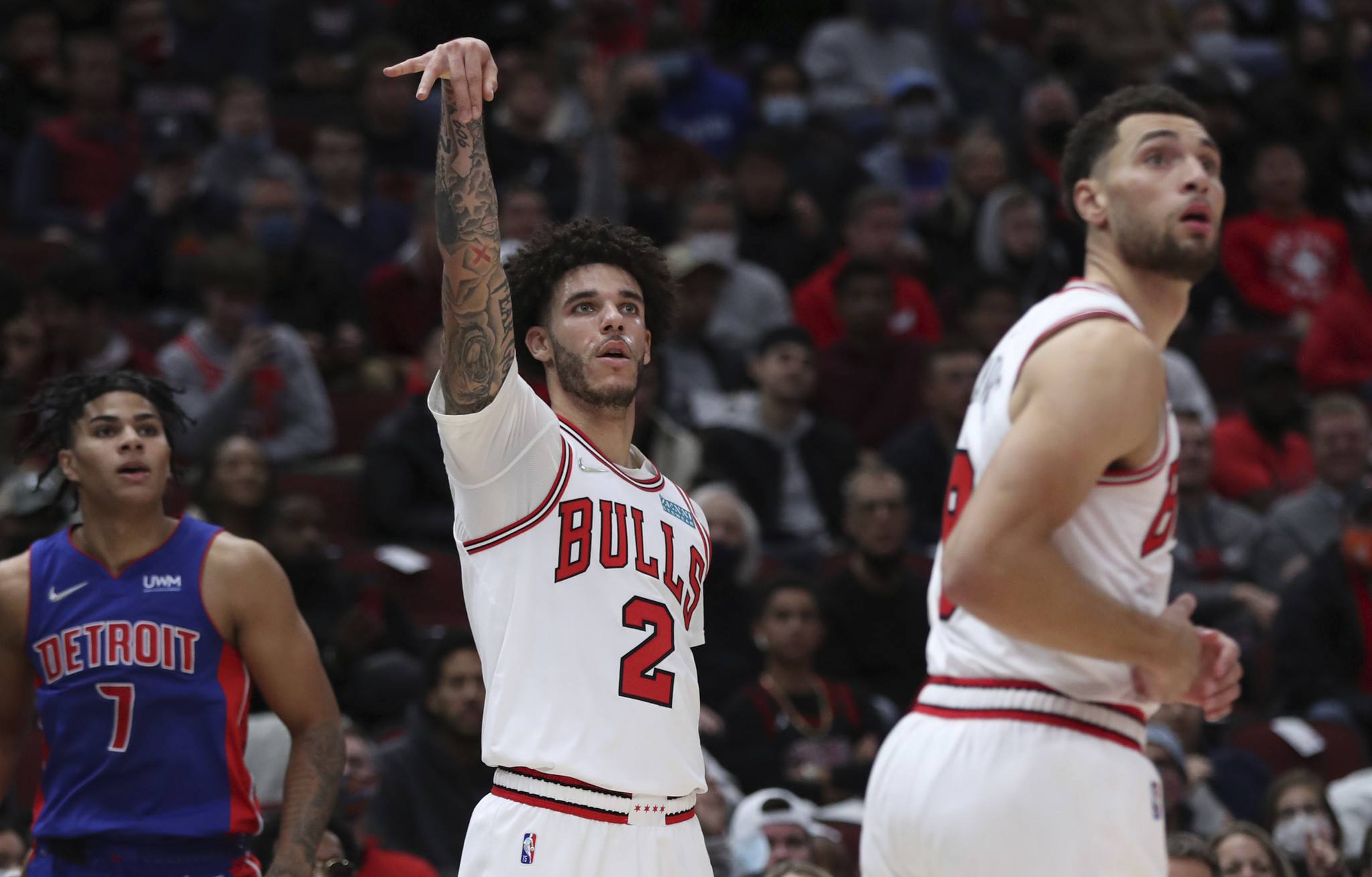 Lonzo Ball of the Chicago Bulls celebrates his three point shot in News  Photo - Getty Images