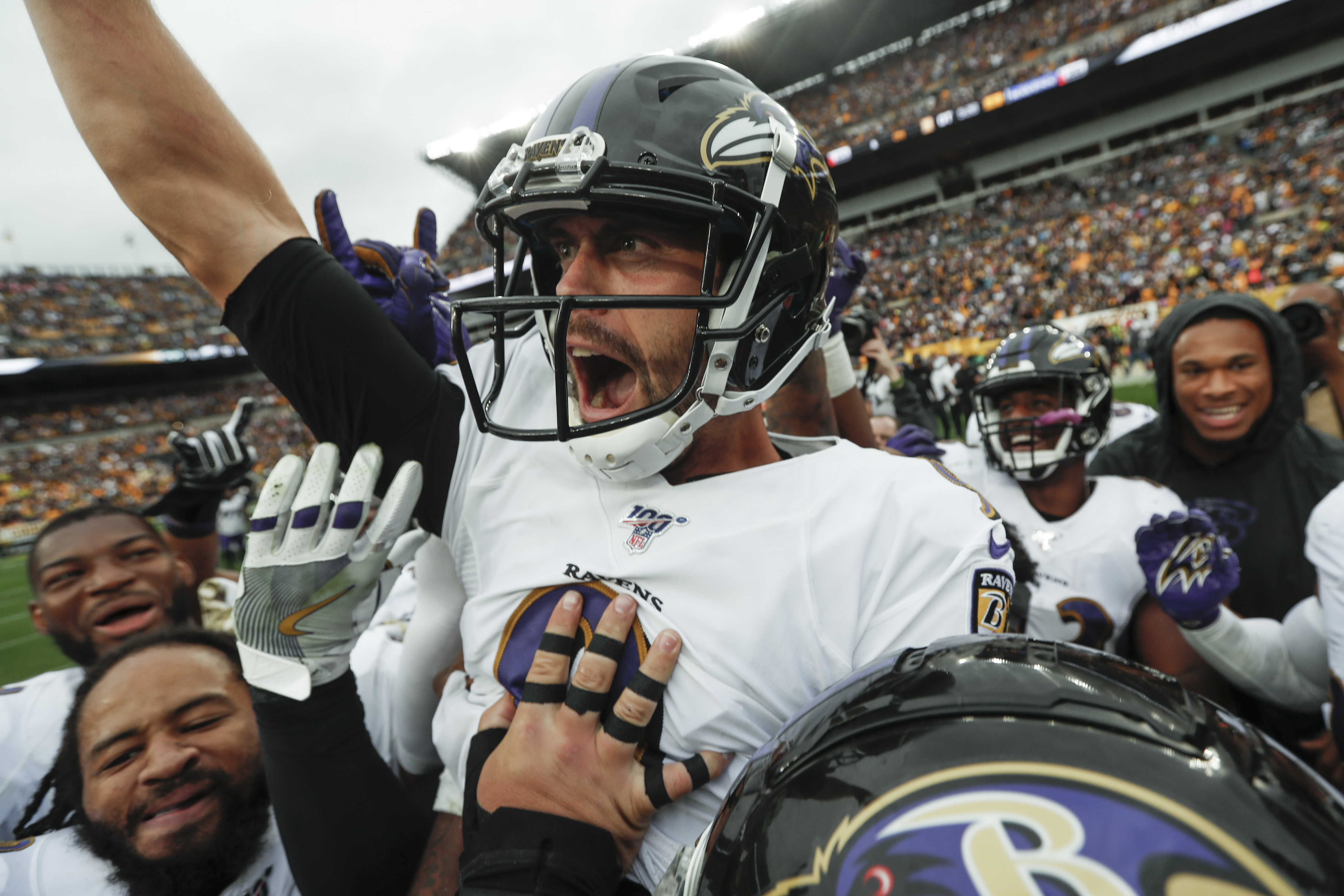 Baltimore Ravens kicker Justin Tucker reacts after kicking a field goal  against the Jacksonville Jaguars during the first half of an NFL football  preseason game, Thursday, Aug. 8, 2019, in Baltimore. (AP