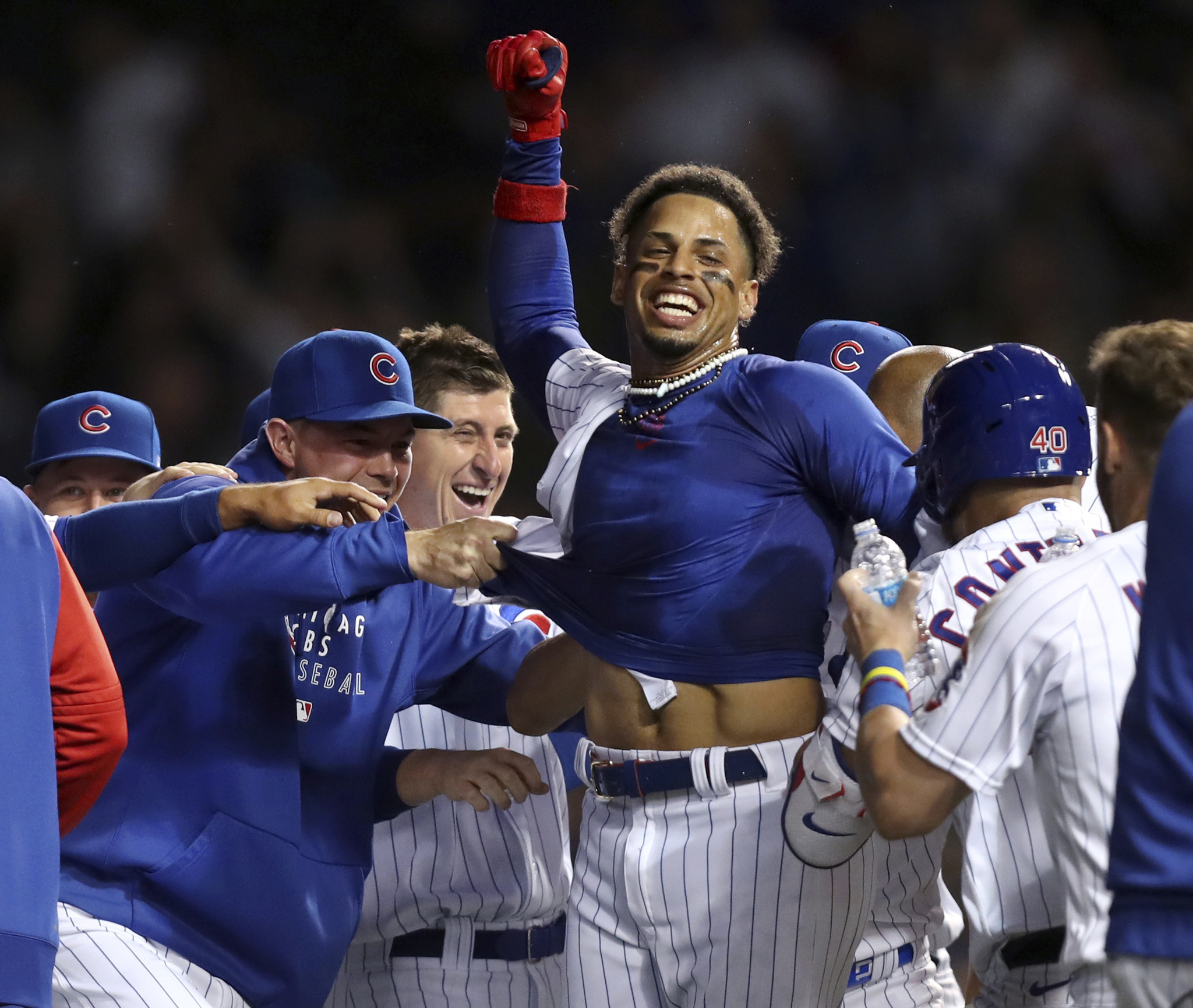 Chris Sweda on X: Chicago Cubs player Christopher Morel is showered in  celebration by teammate Rafael Ortega (66) after Morel drove in the  game-winning run with a sacrifice fly in the 10th