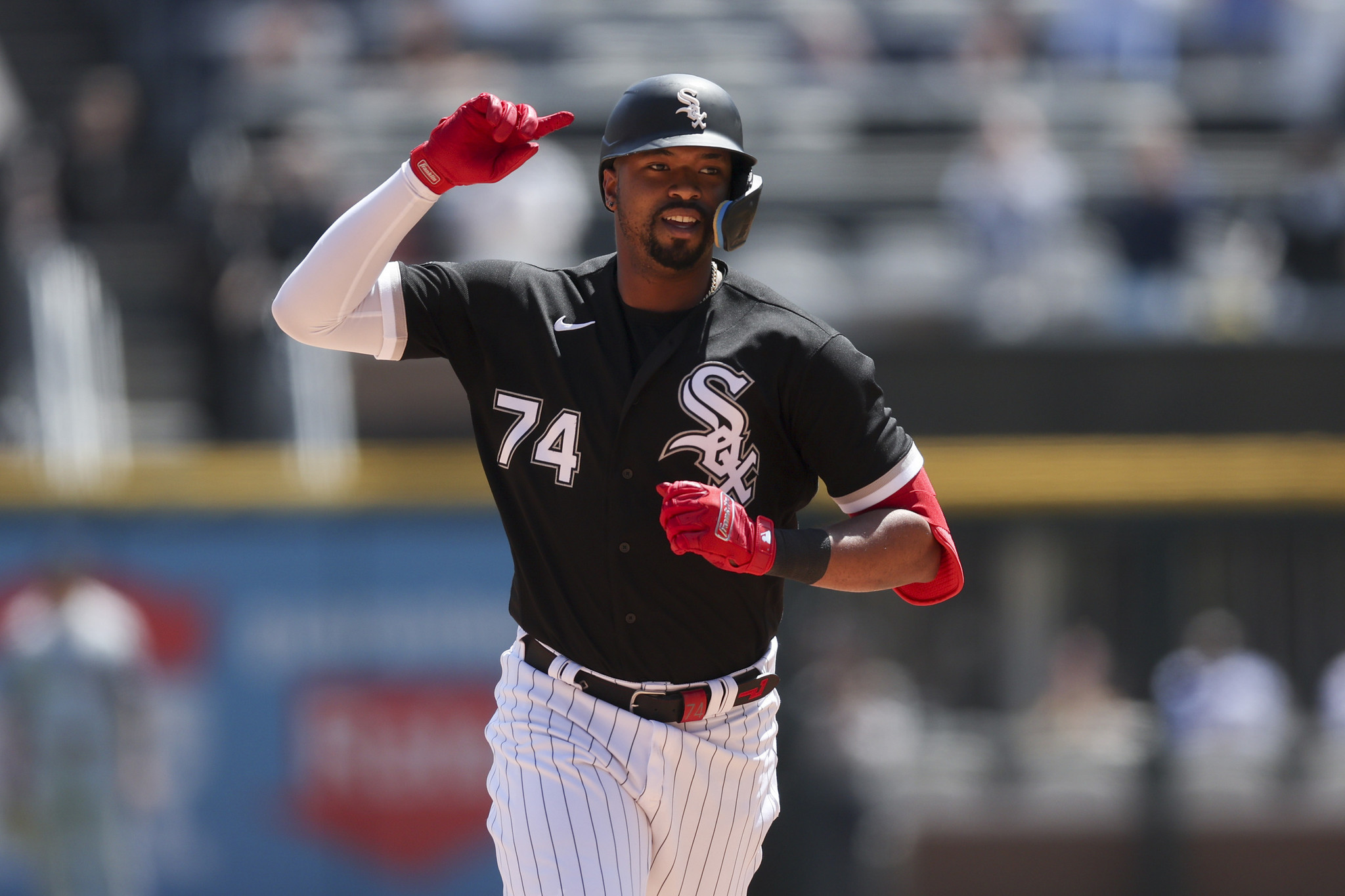 Eloy Jimenez of the Chicago White Sox reacts after striking out