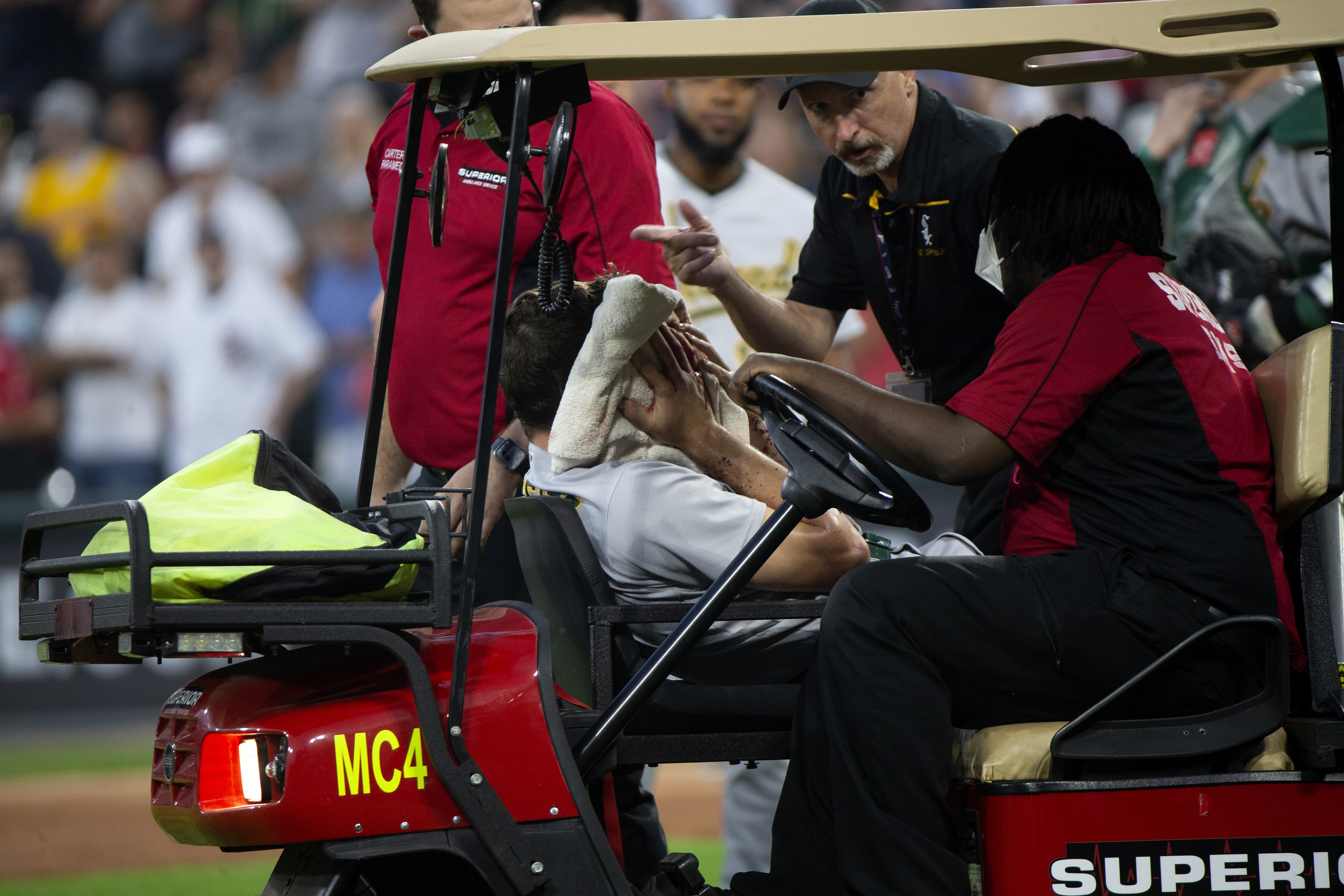 MLB star Chris Bassitt stretchered off and rushed to hospital and being  smashed in face with ball - breaking cheekbone