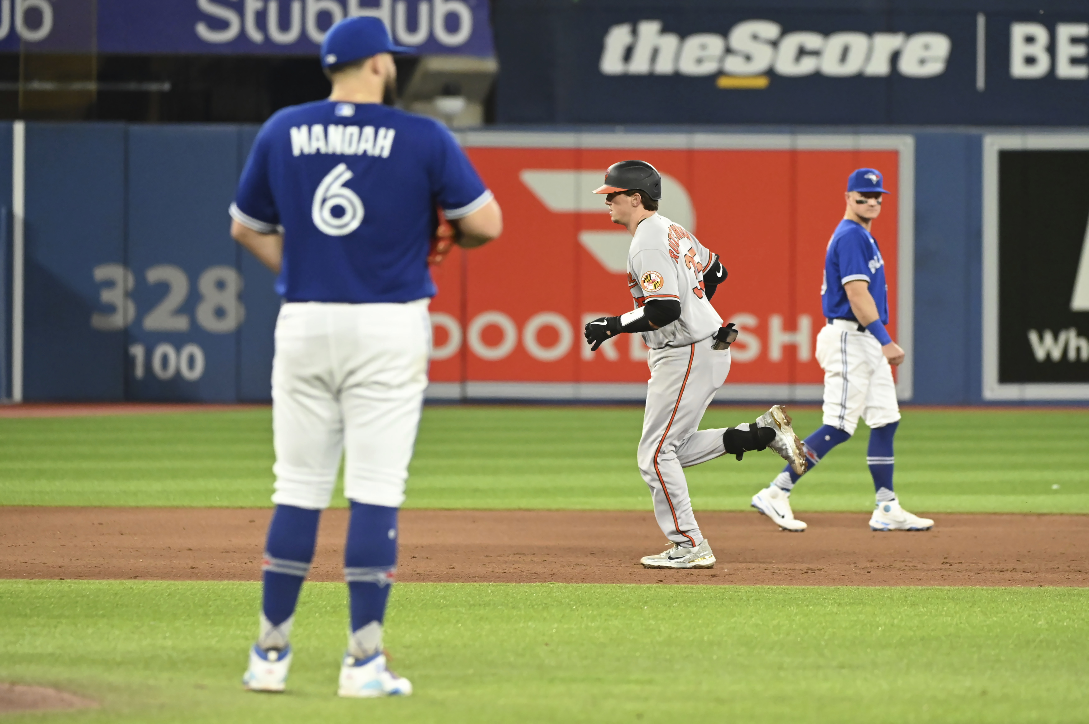 Baltimore Orioles' Adley Rutschman, right, celebrates his two-run home run  against the Toronto Blue Jays with Cedric Mullins during the fourth inning  of a baseball game Friday, Sept. 16, 2022, in Toronto. (