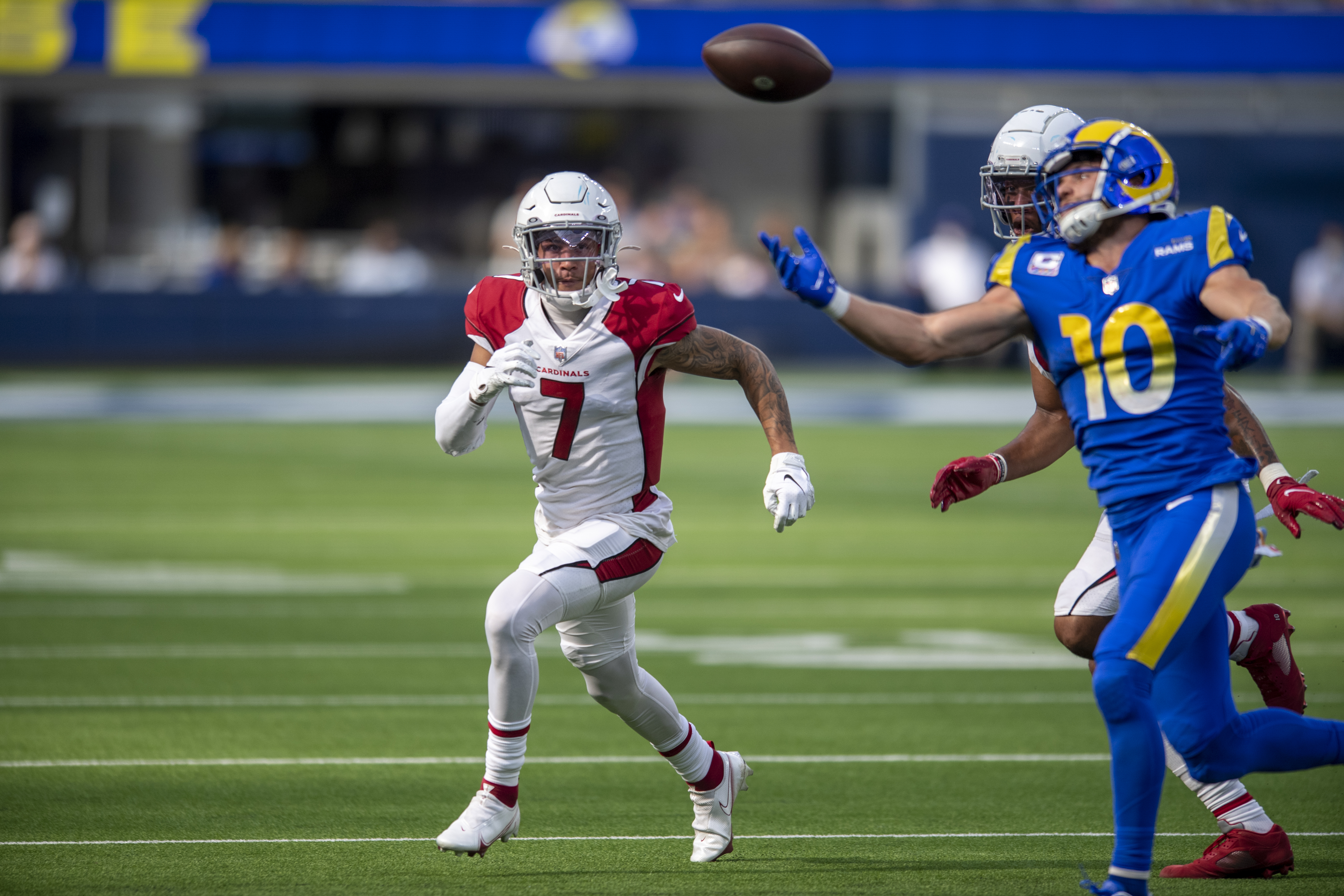 Los Angeles Rams cornerback Jalen Ramsey (5) during an NFL football game  against the Arizona Cardinals, Sunday, Oct. 3, 2021, in Inglewood, Calif.  The Arizona Cardinals defeated the Los Angeles Rams 37-20. (