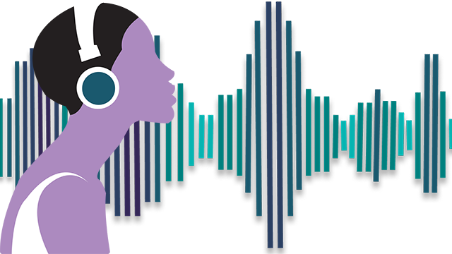 2d digital illustration of a purple person with headphones in front of a waveform.