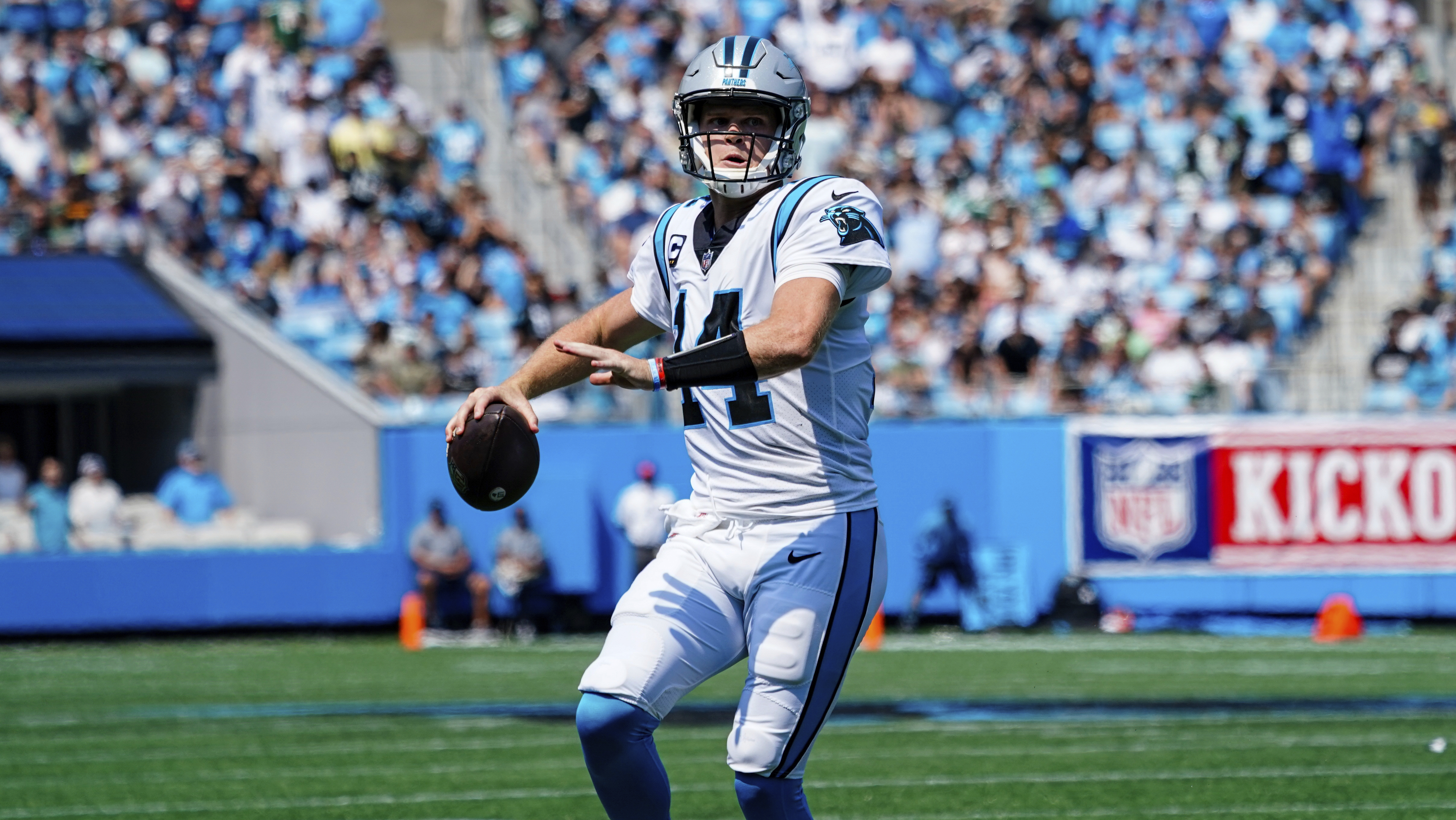 Carolina Panthers wide receiver D.J. Moore warms up before the first half  of an NFL football game against the New York Jets Sunday, Sept. 12, 2021,  in Charlotte, N.C. (AP Photo/Jacob Kupferman