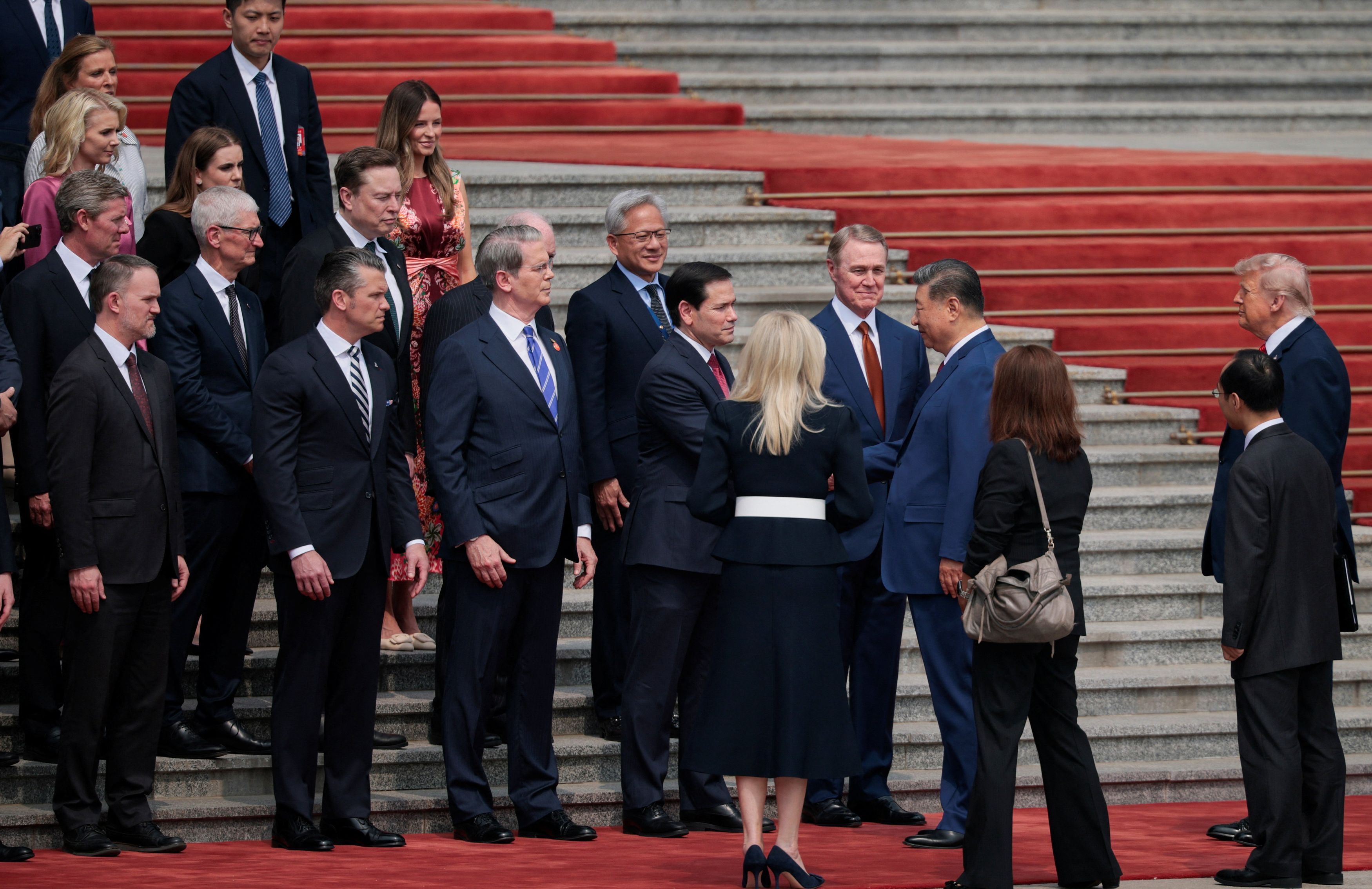 U.S. Secretary of State Marco Rubio shakes hands with Chinese President Xi Jinping during a welcoming ceremony for U.S. President Donald Trump at the Great Hall of the People in Beijing on Thursday. (Evan Vucci/Reuters)