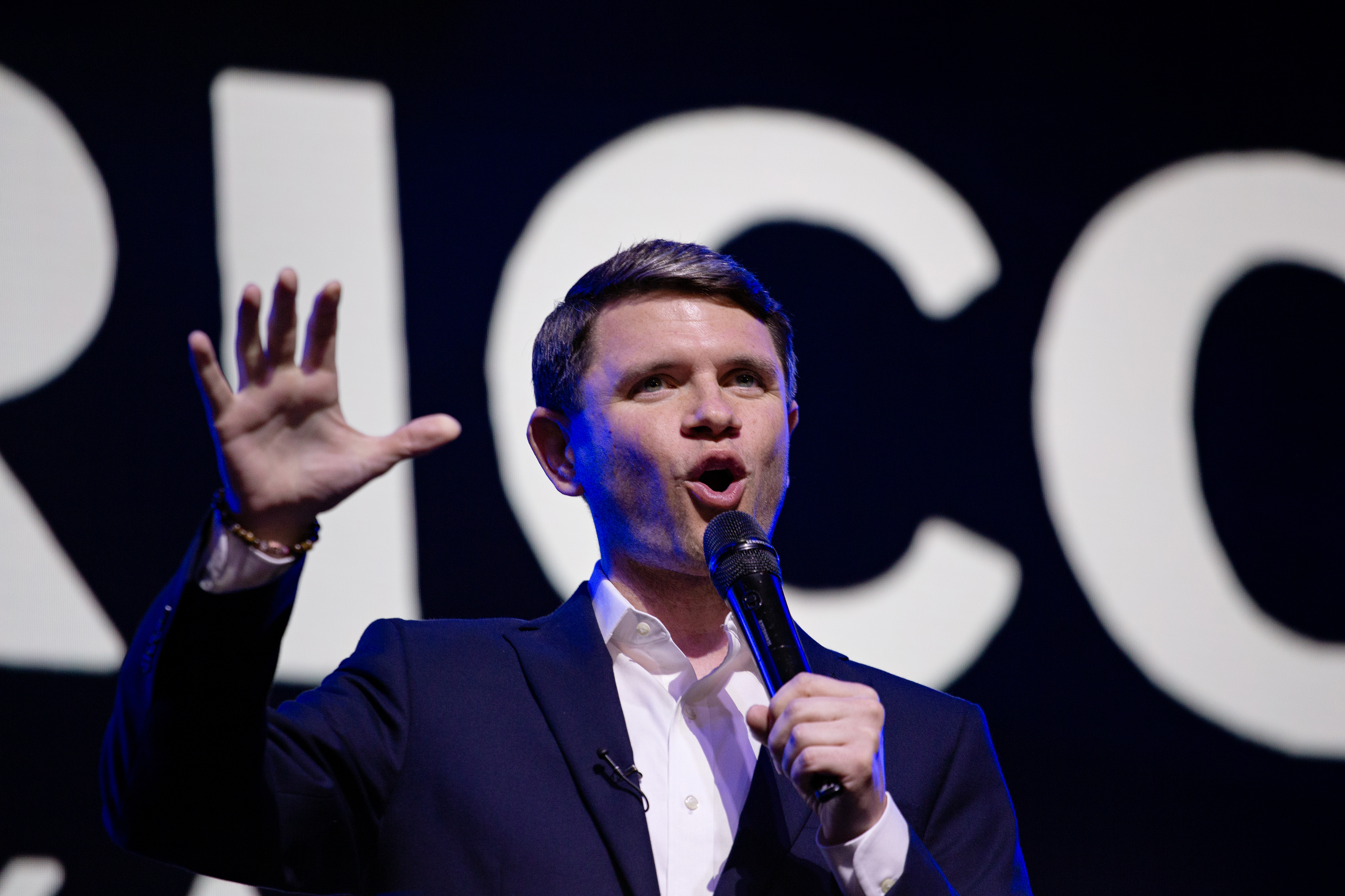 James Talarico (D-Texas), a Texas state representative and candidate in the state's 2026 Democratic primary for U.S. Senate, at a campaign rally on Monday in Houston. (Danielle Villasana/Getty Images)