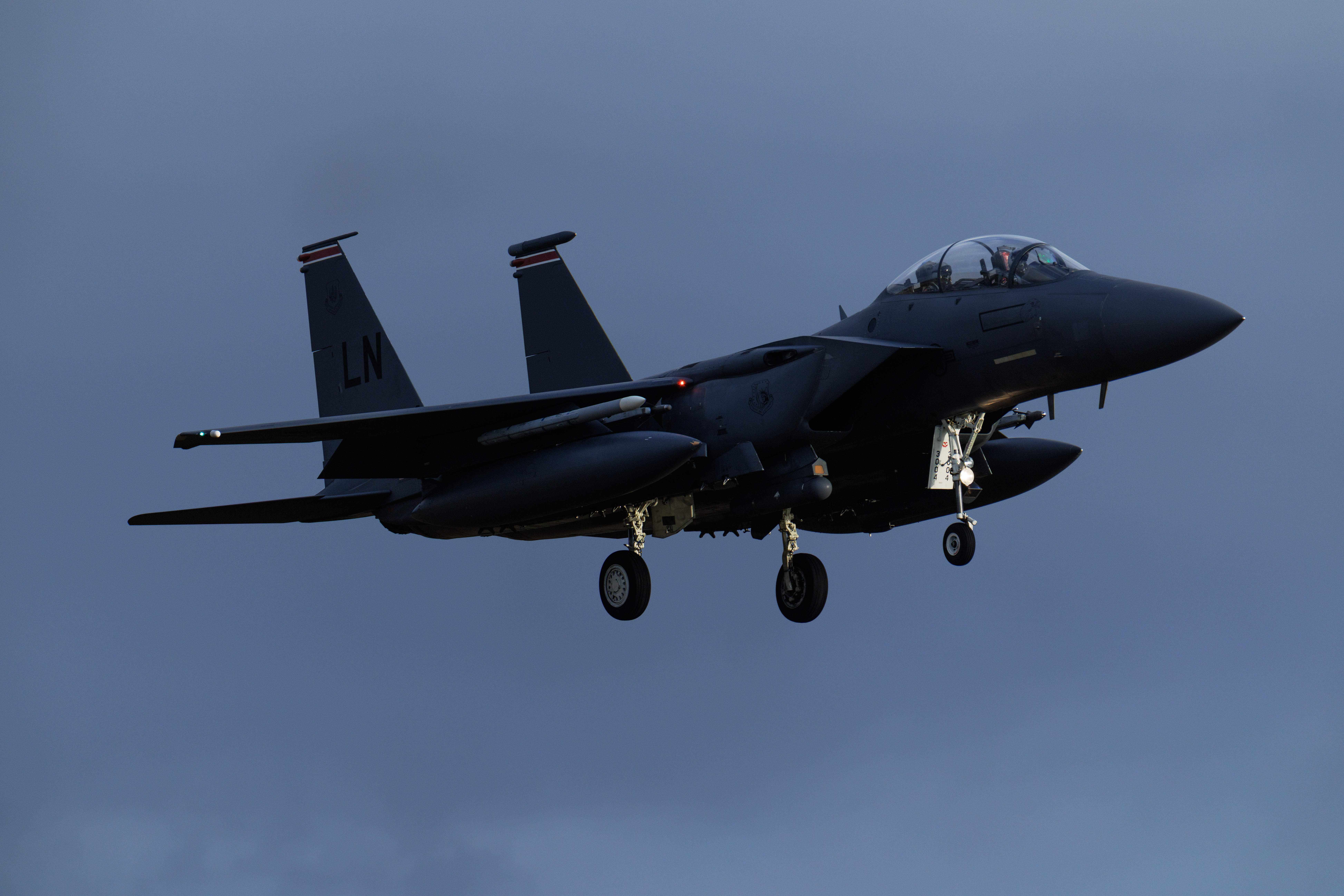 An F-15 fighter jet prepares to land at RAF Lakenheath in Mildenhall, England, in January. (Dan Kitwood/Getty Images)