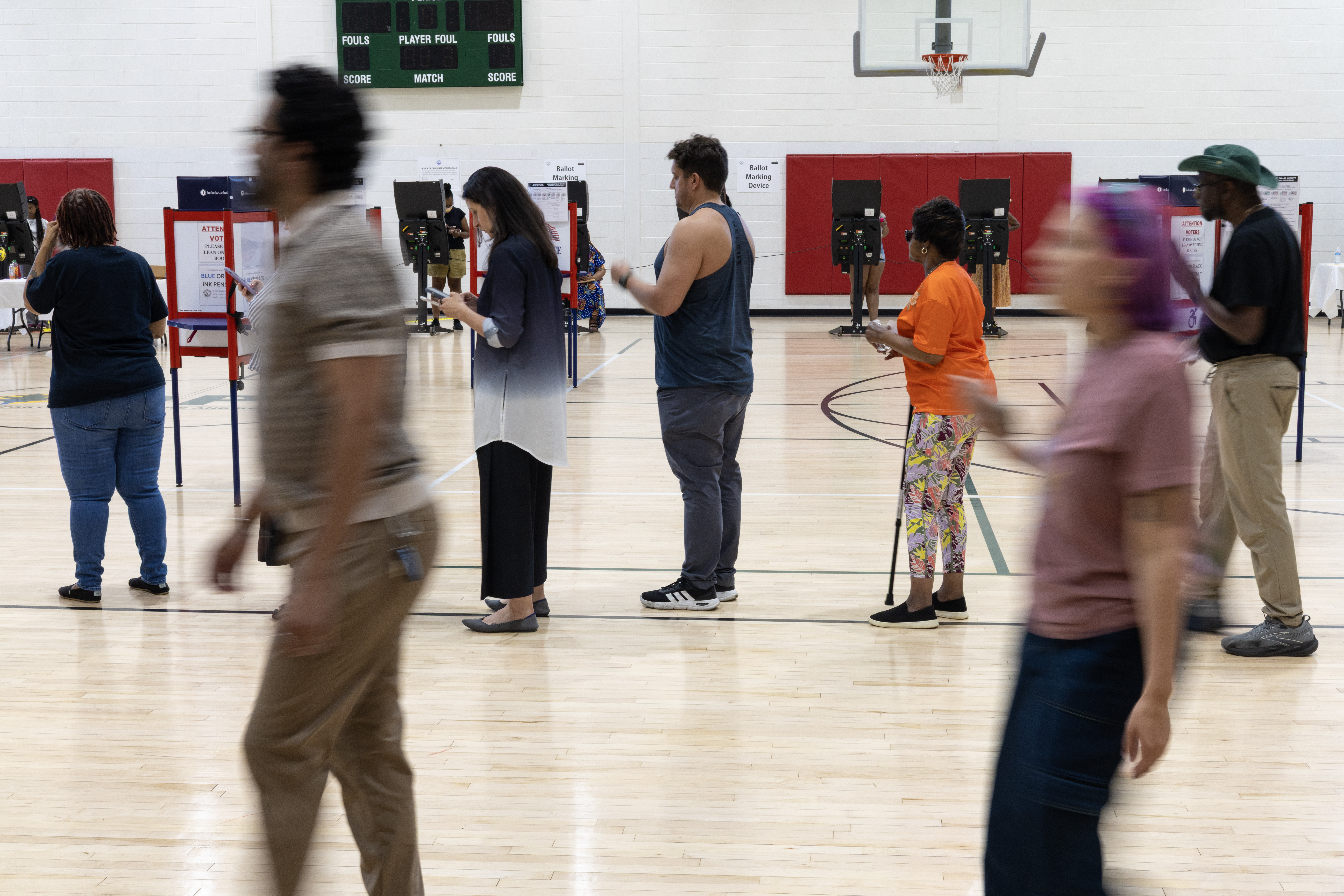 Voters at Turkey Thicket Recreation Center in Northeast Washington wait to cast their ballots in the Democratic mayoral primary on Tuesday. (Christine Kao/The Washington Post)