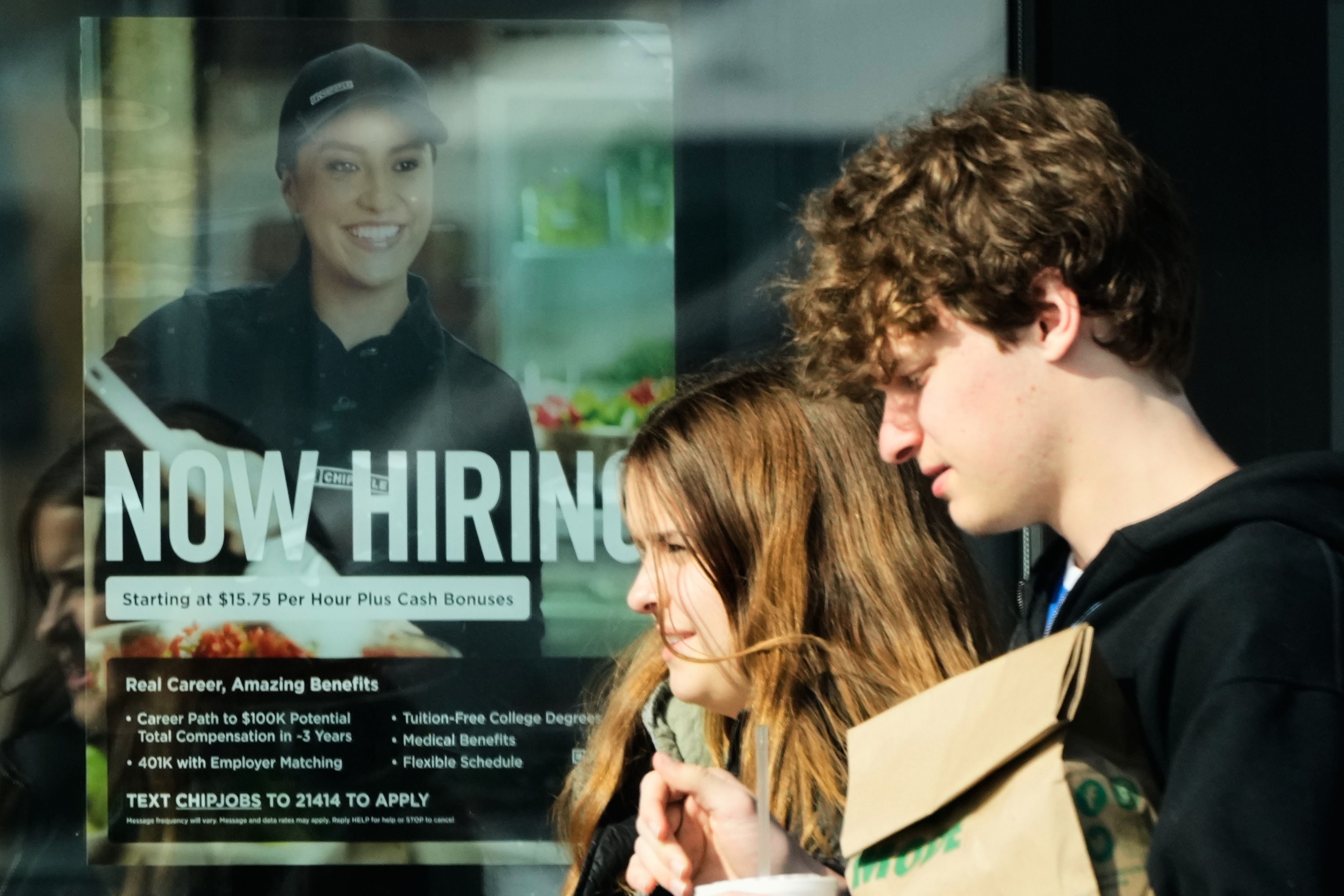 A restaurant in Niles, Illinois, advertises for workers on April 7. (Nam Y. Huh/AP)