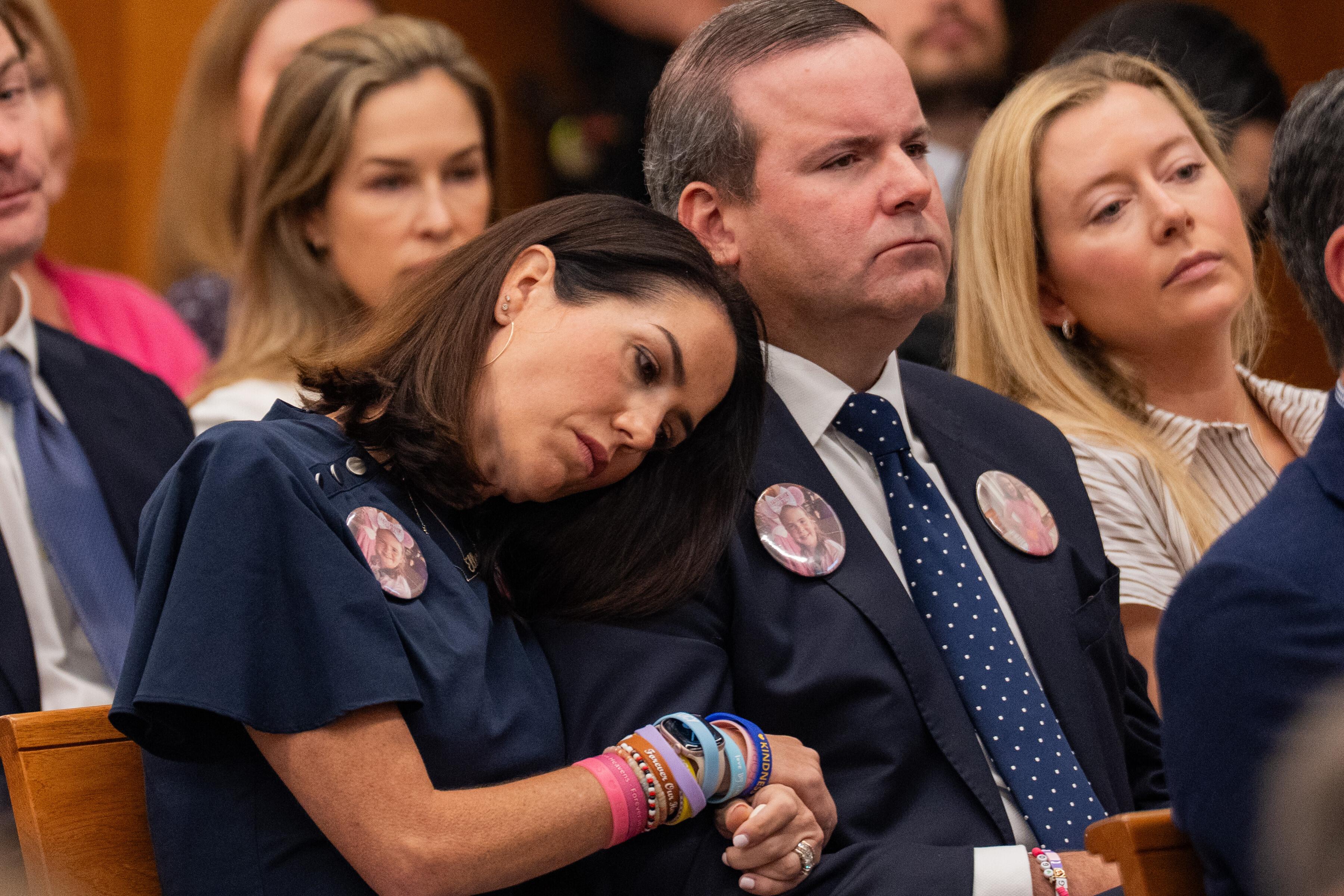Jennifer and Doug Getten, who lost their 9-year-old daughter, Ellen, in the July 4 flood, attend a hearing on a lawsuit against Camp Mystic in Austin on Monday. (Mikala Compton/Austin American-Statesman/AP)