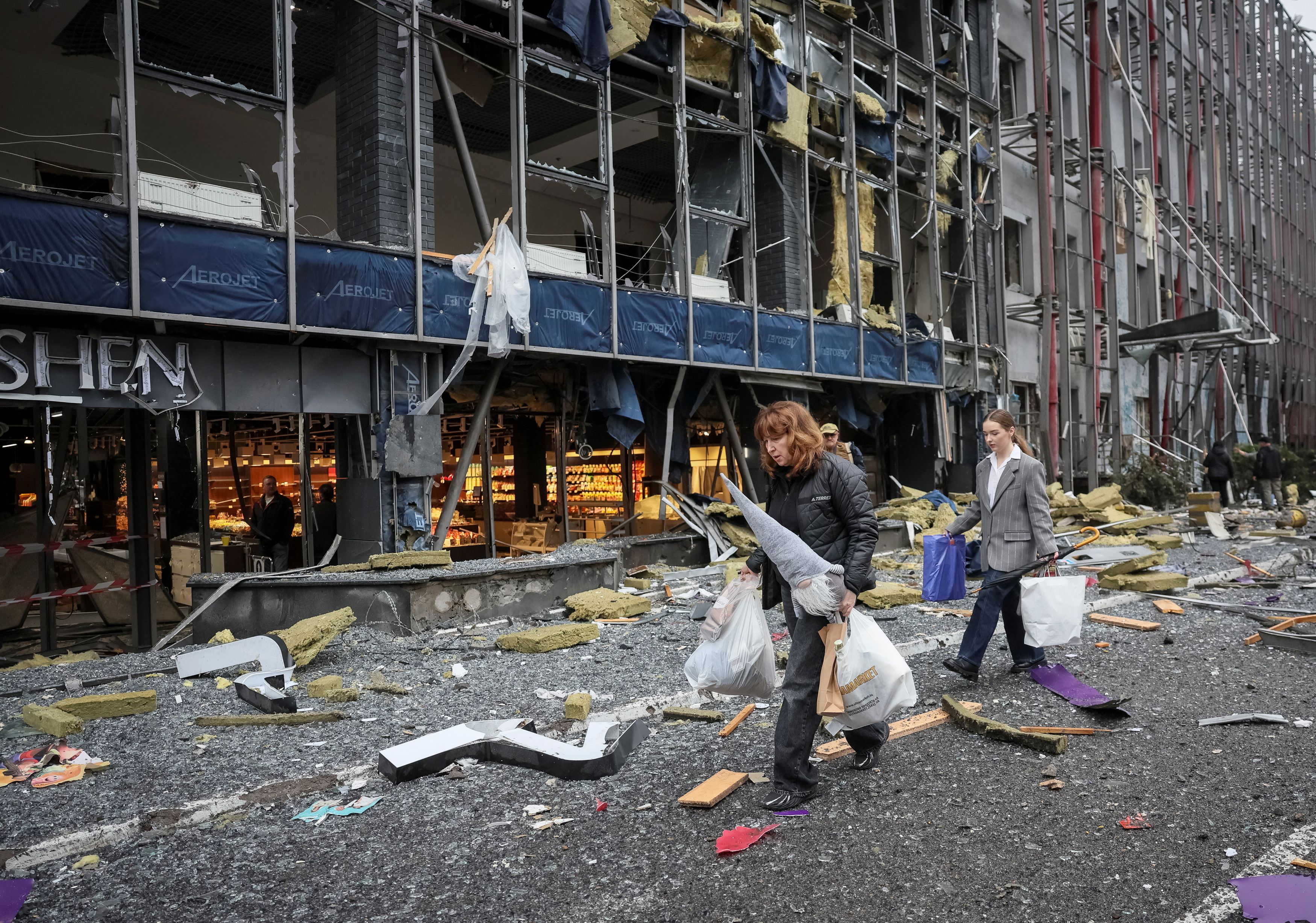A Kyiv shopping mall, badly damaged by a Russian missile attack, on Monday. (Gleb Garanich/Reuters)