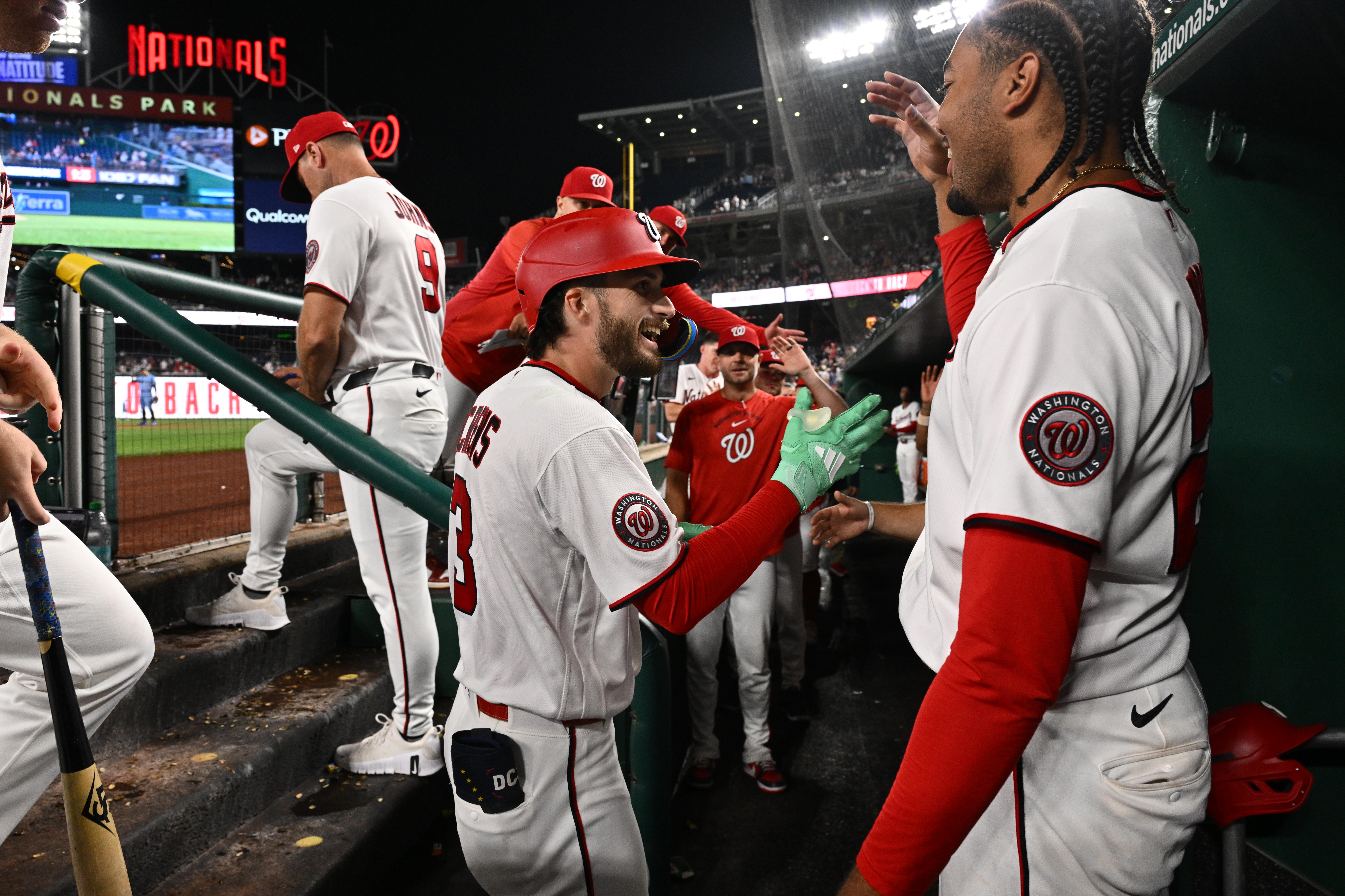 Dylan Crews returns to the dugout after his fourth-inning home run Tuesday night. (Jamie Sabau/Getty Images)