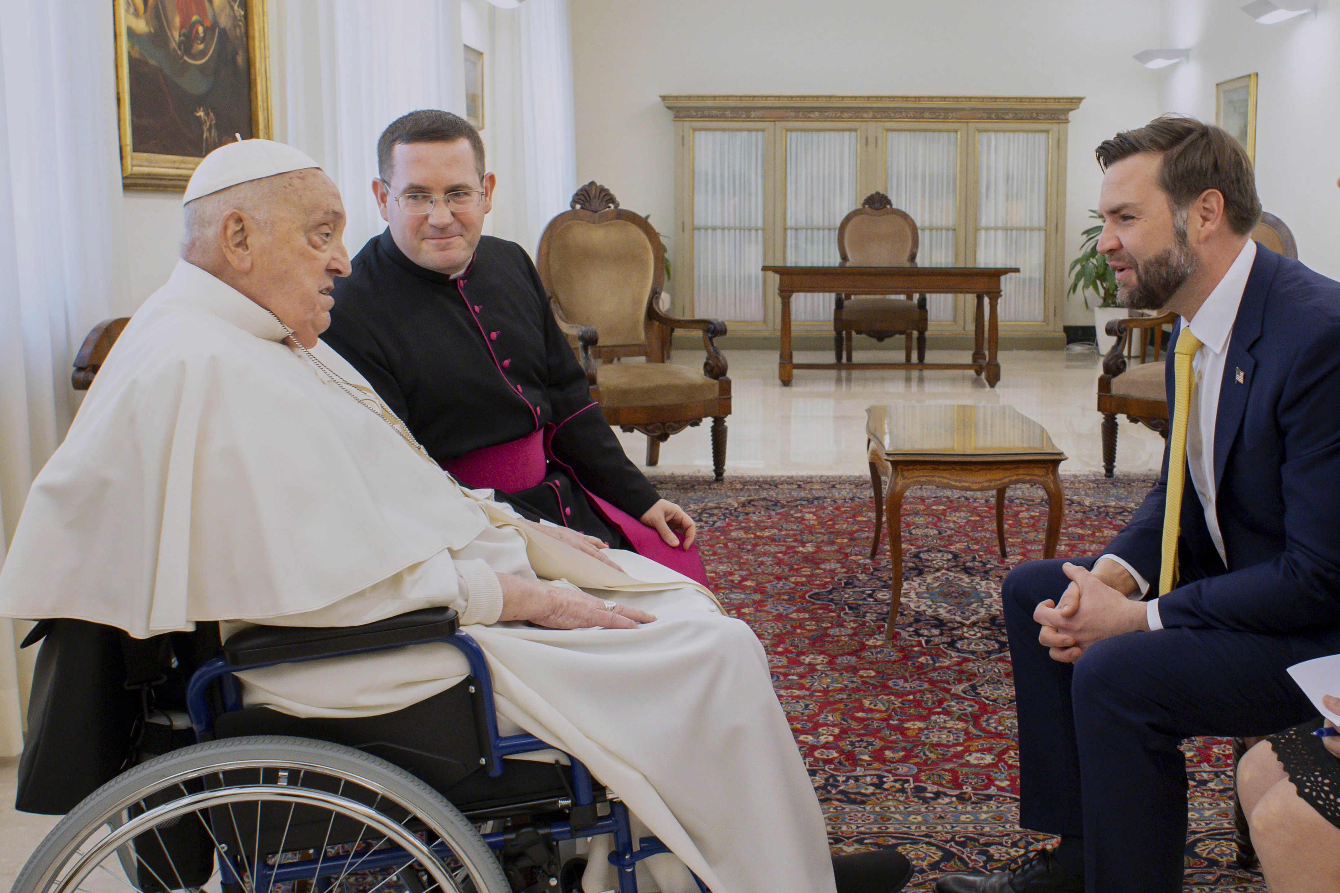 Pope Francis speaks with Vice President JD Vance at the Vatican on April 20, 2025. (Vatican Media/AP)