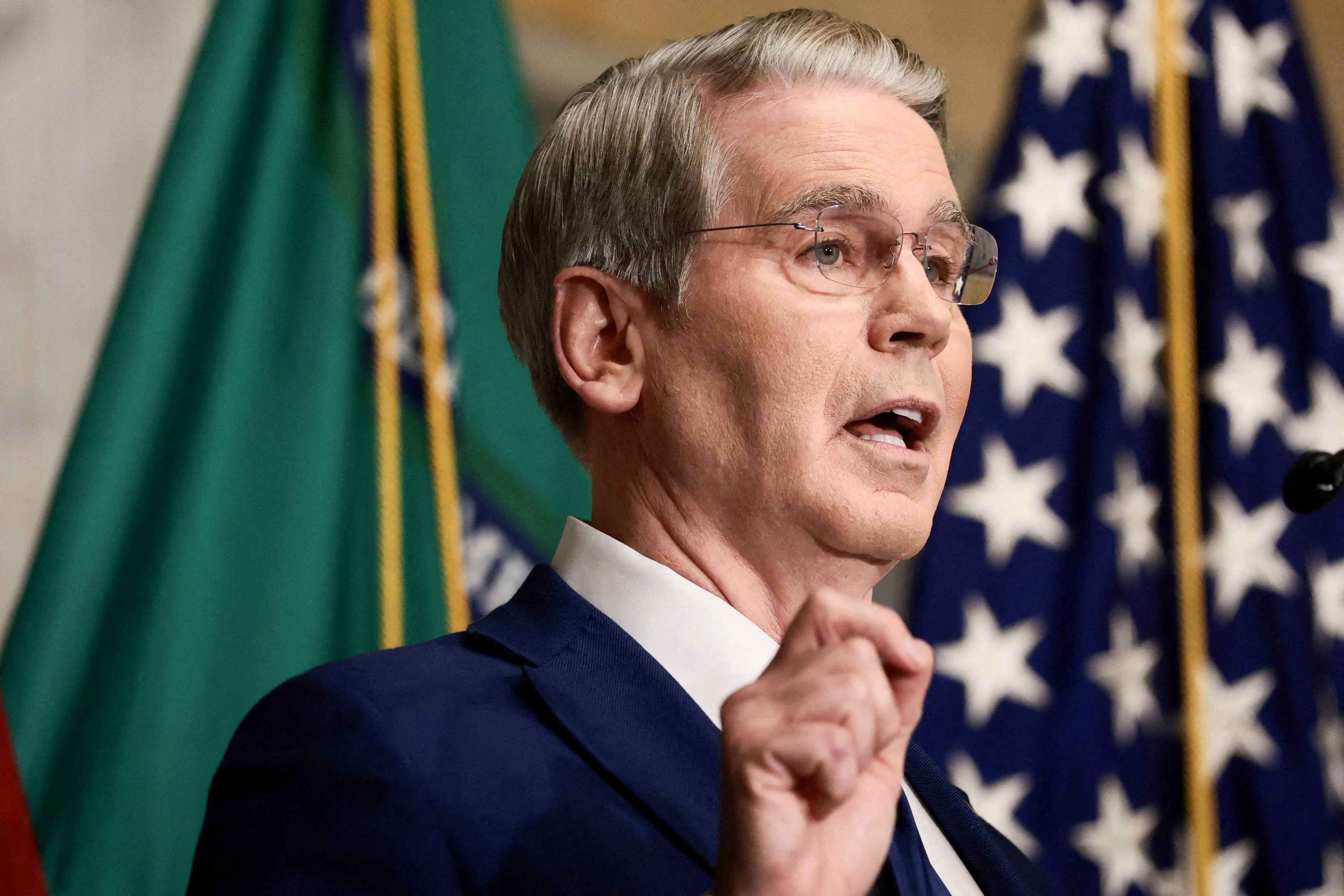 Treasury Secretary Scott Bessent discusses the sanctions campaign against Iran at a news conference in Washington last week. (Evelyn Hockstein/Reuters)