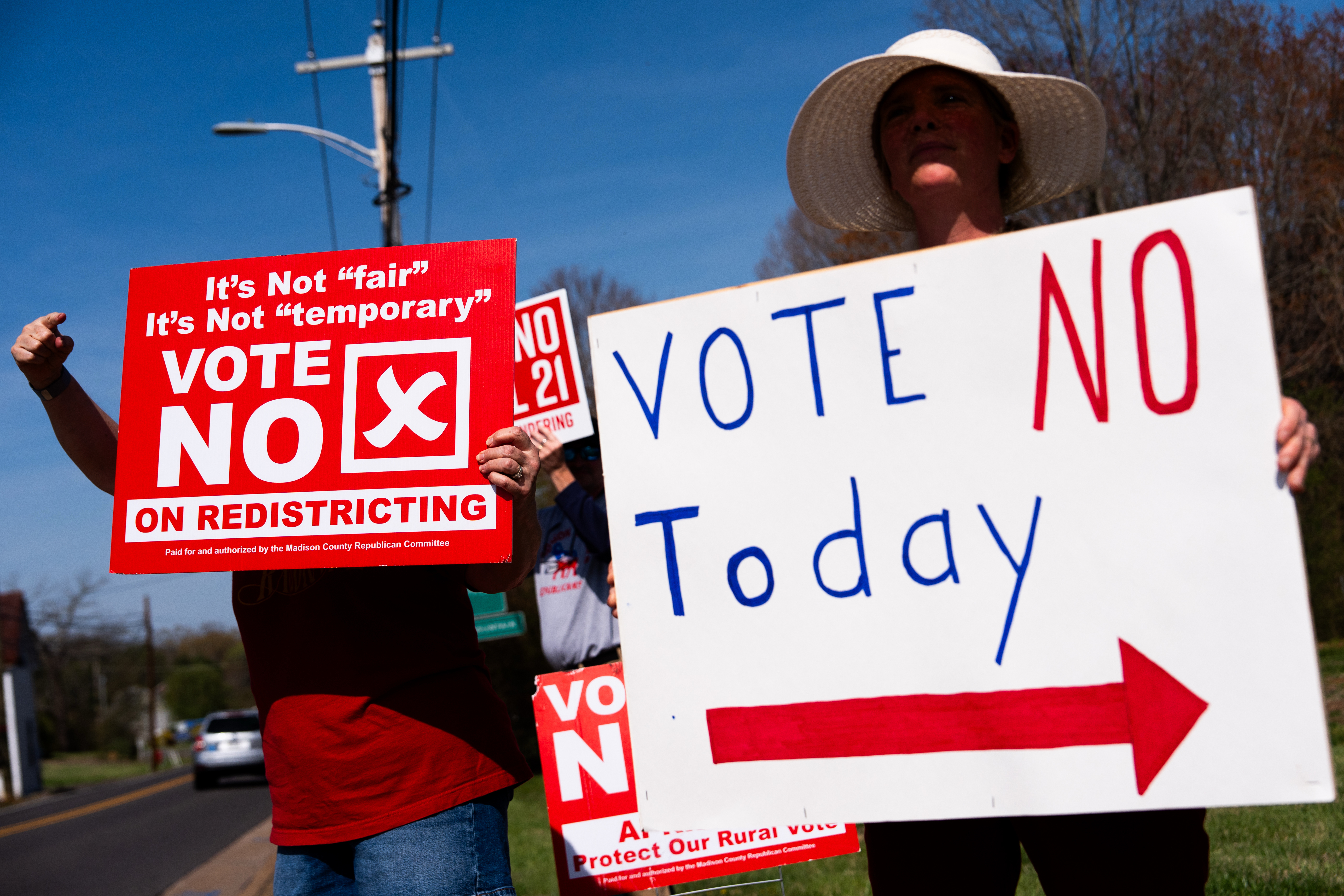 Members of the Madison County Republican Committee in Madison, Virginia, on April 3, demonstrating against the referendum on redistricting that took place Tuesday. (Julia Demaree Nikhinson/AP)