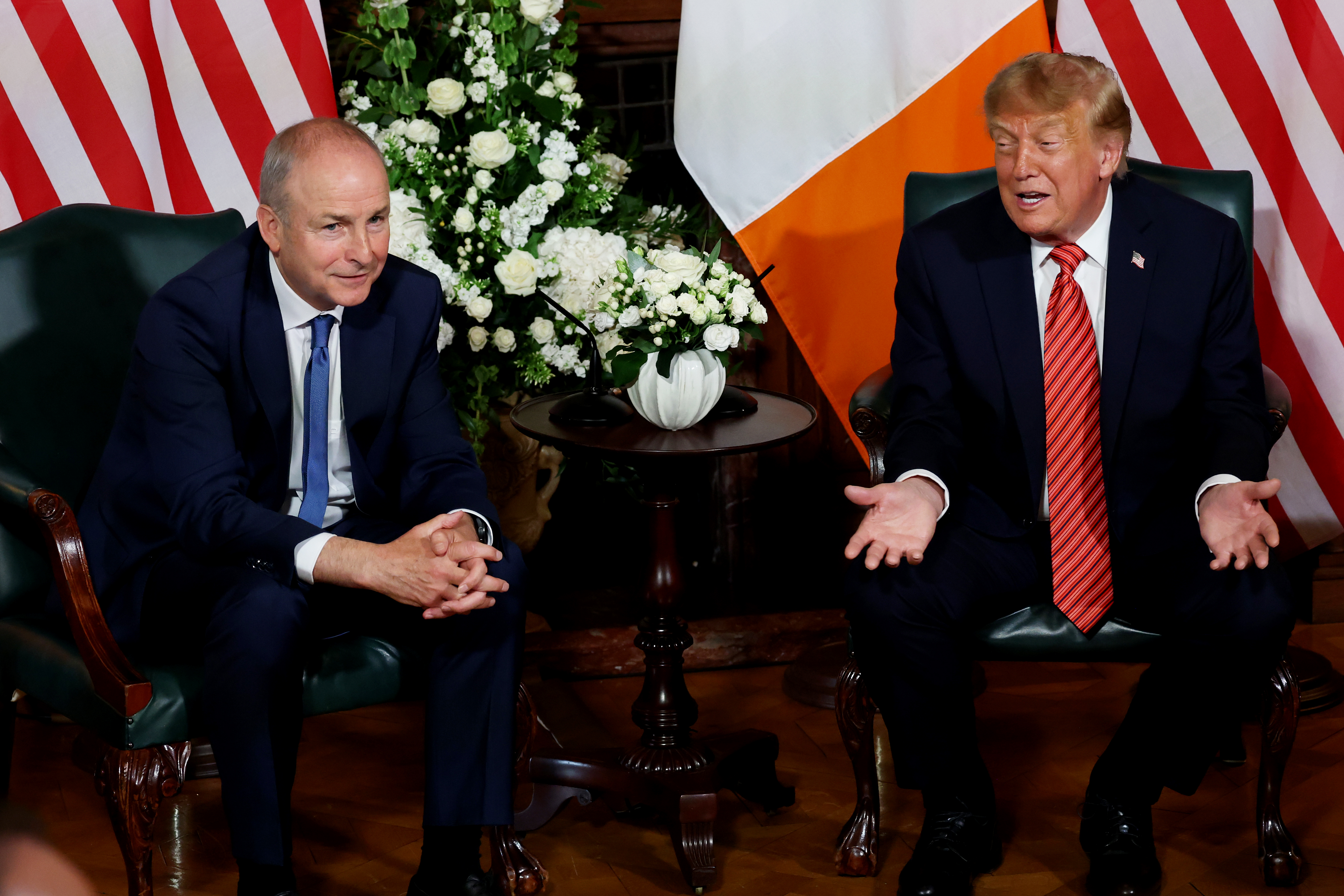 Irish Taoiseach Micheál Martin and U.S. President Donald Trump meet in Dublin on Saturday. (Anna Moneymaker/Getty Images)