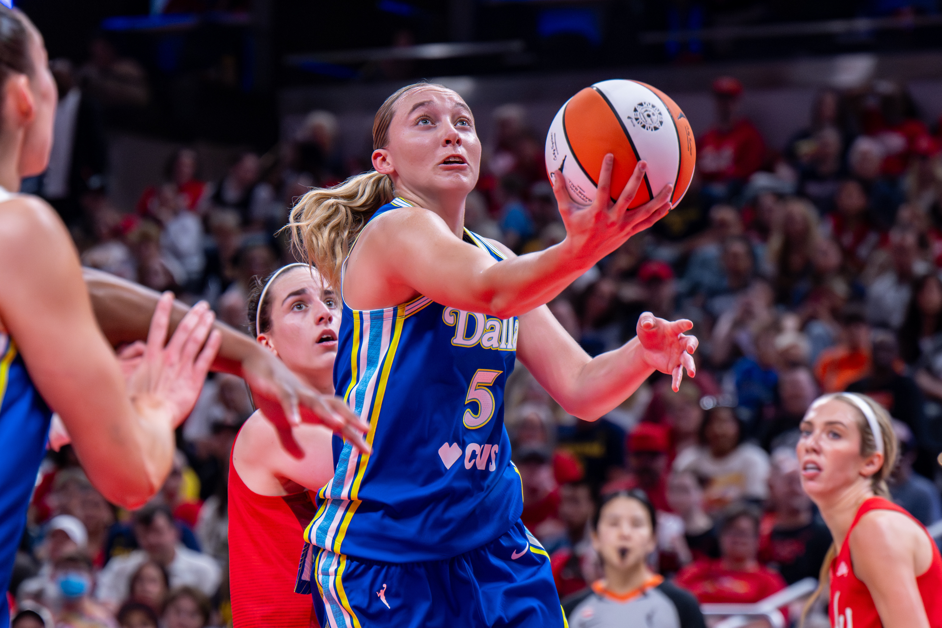 Dallas Wings guard Paige Bueckers looks to shoot during the first half of a game against the Indiana Fever in Indianapolis on May 9. (Doug McSchooler/AP)