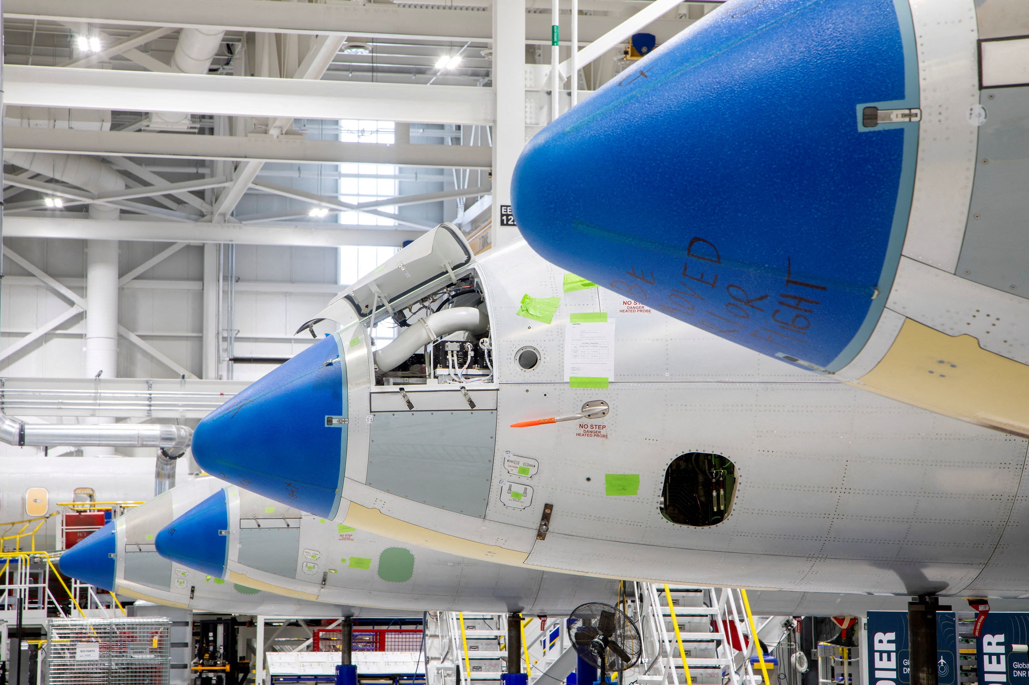 Bombardier airplanes in production on the factory floor in Mississauga, Ontario, in May 2024. (Carlos Osorio/Reuters)