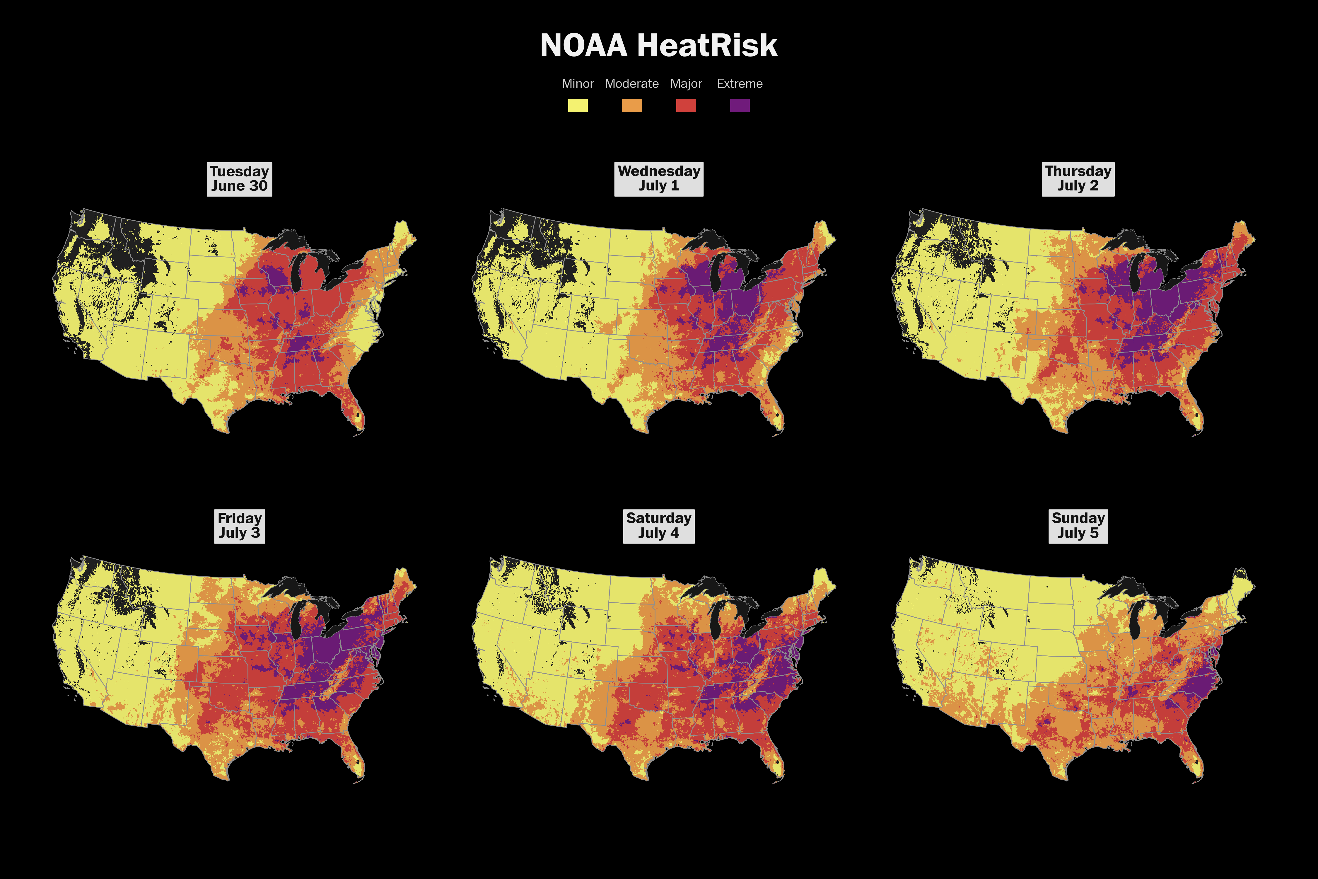 The risk for heat-related impacts is major or extreme for more than 220 million Americans this week. (Ben Noll/The Post; NOAA)