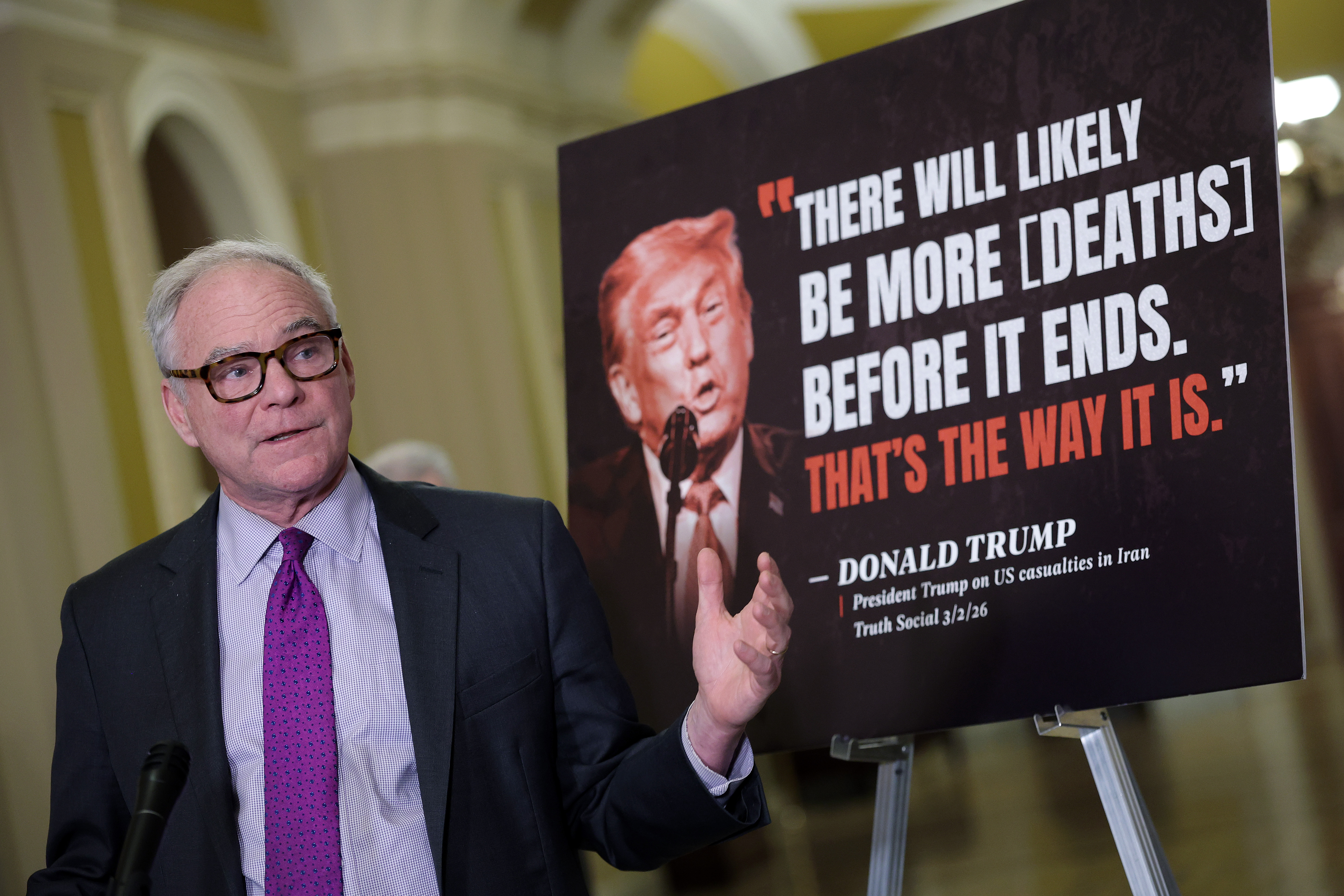 Sen. Tim Kaine (D-Virginia) speaks to reporters at the U.S. Capitol on Monday. (Kevin Dietsch/Getty Images)