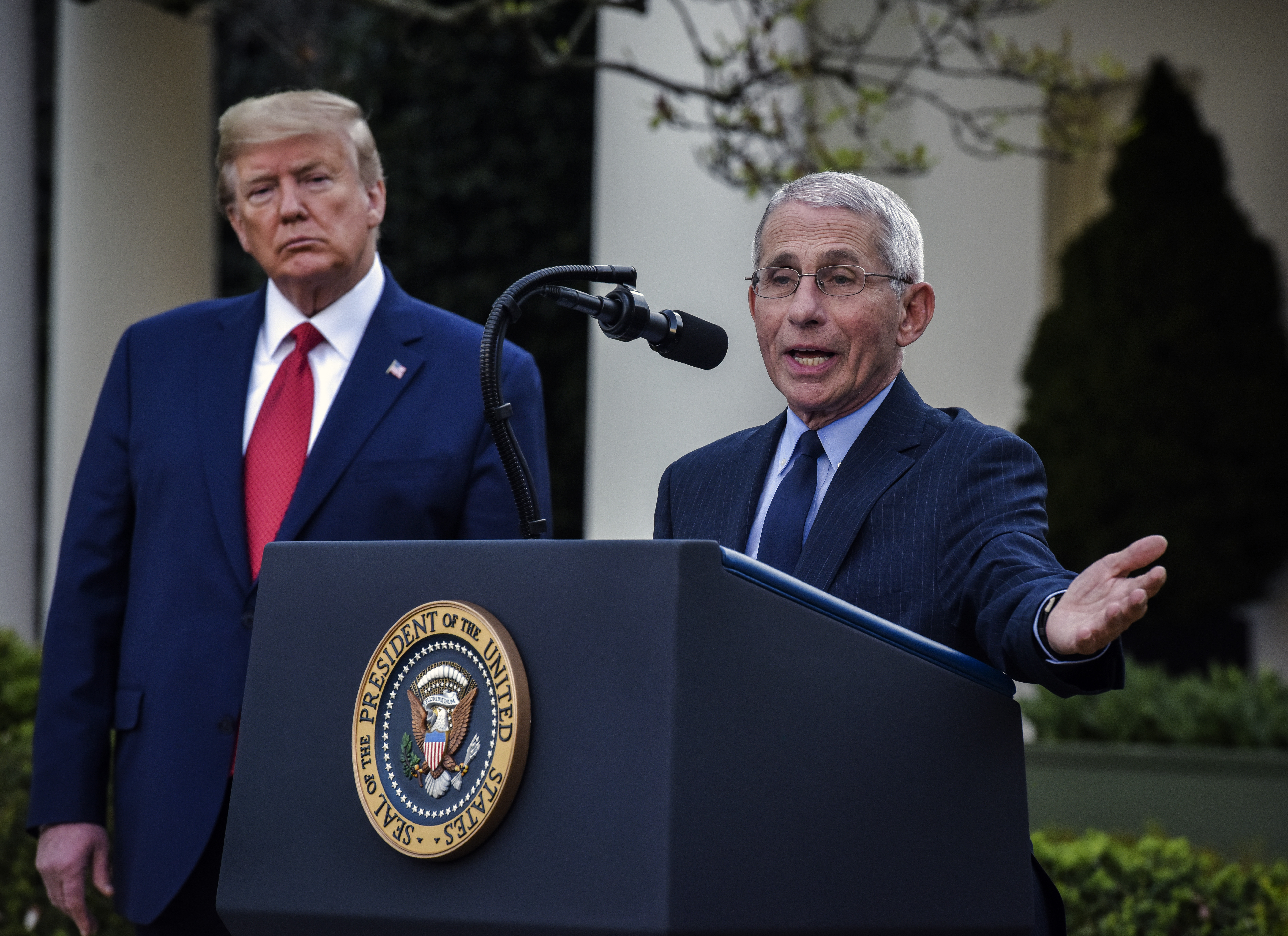 Fauci makes remarks alongside President Donald Trump at a press briefing by the Coronavirus Task Force in March 2020. (Bill O'Leary/The Washington Post)