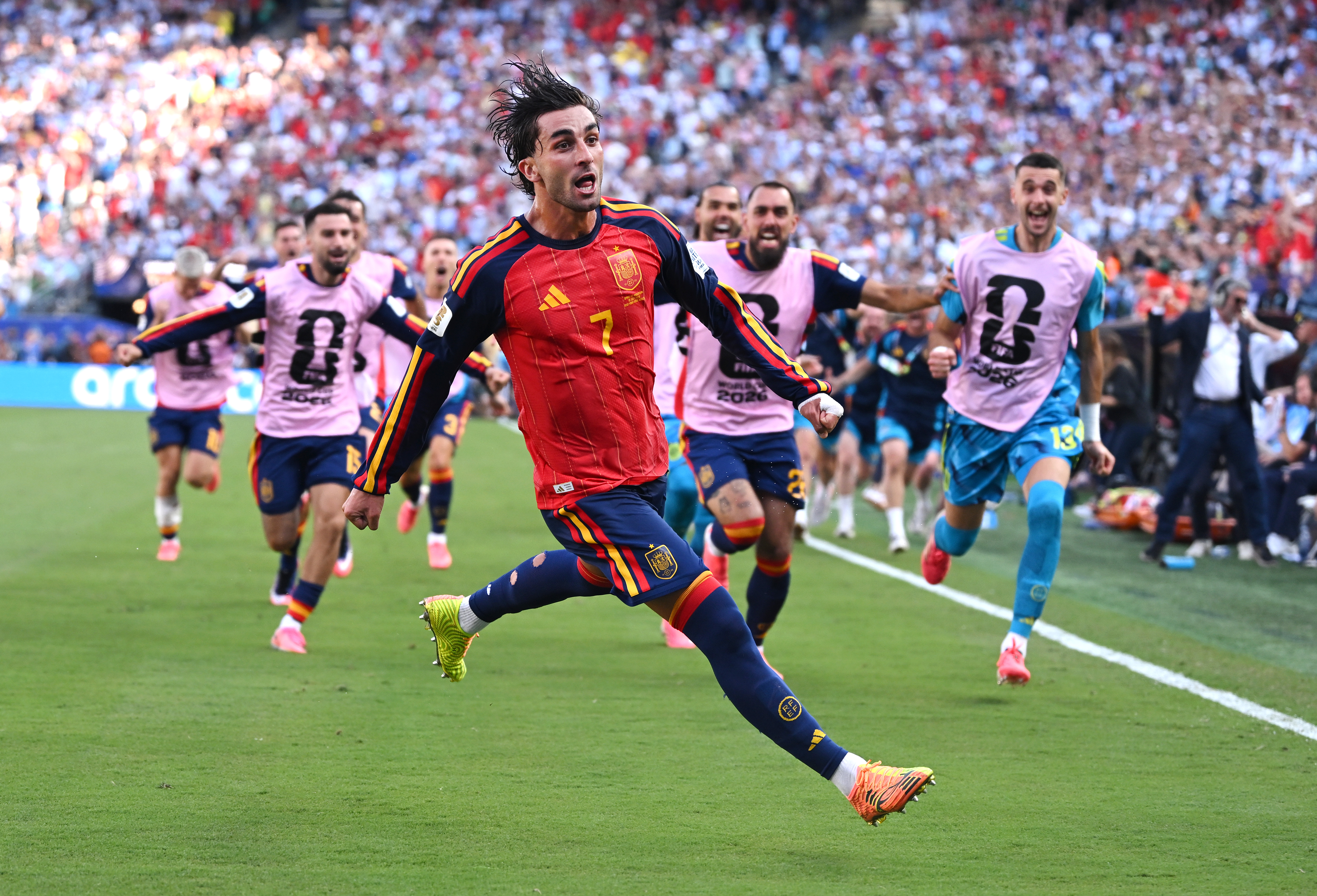 Spain's Ferran Torres celebrates scoring the game's lone goal during the 2026 World Cup final against Argentina. (David Ramos/Getty Images)