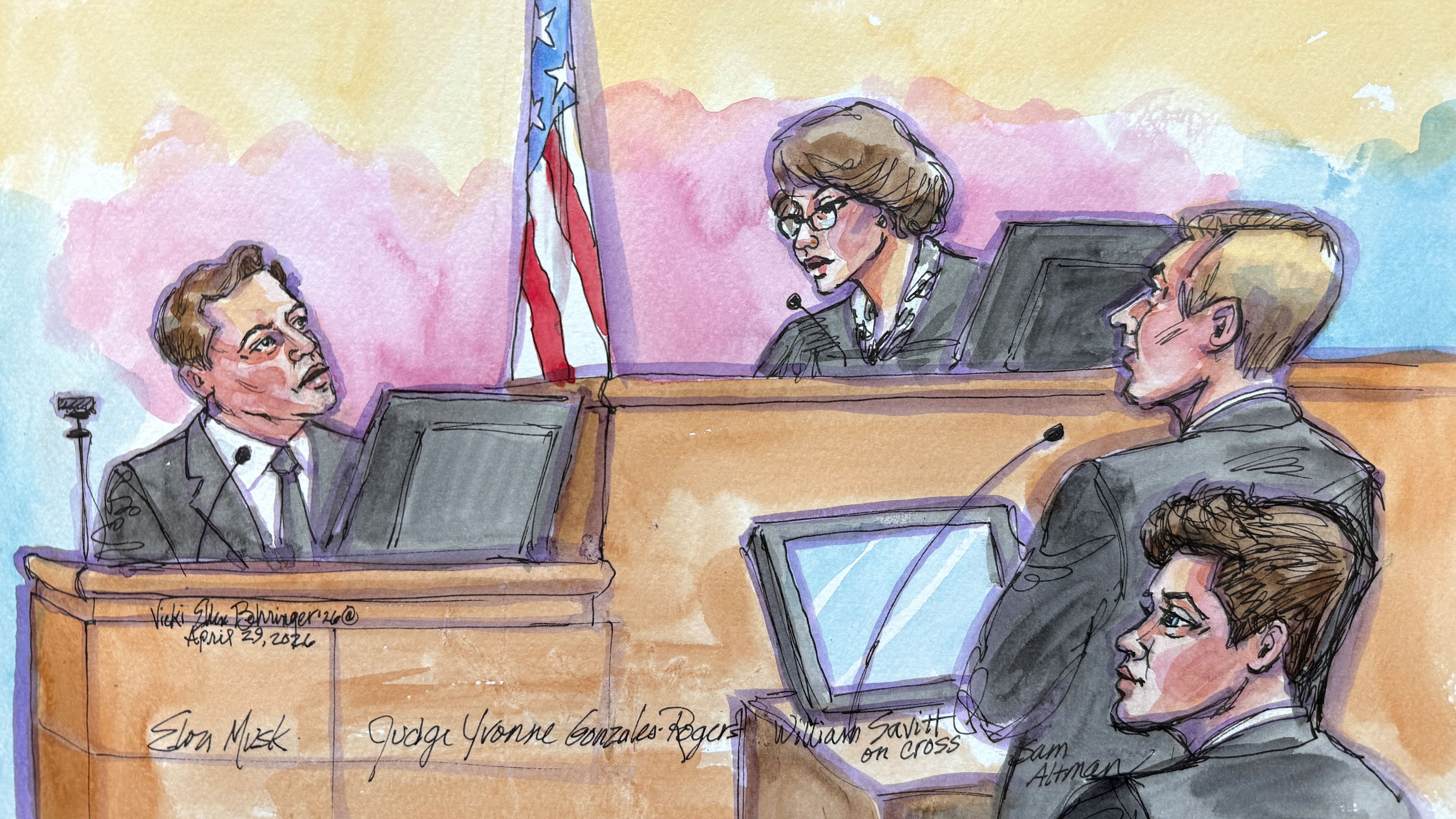 In a courtroom sketch, billionaire Elon Musk speaks with Judge Yvonne Gonzalez Rogers during his cross-examination by OpenAI attorney William Savitt, as OpenAI CEO Sam Altman watches. (Vicki Behringer/Reuters)