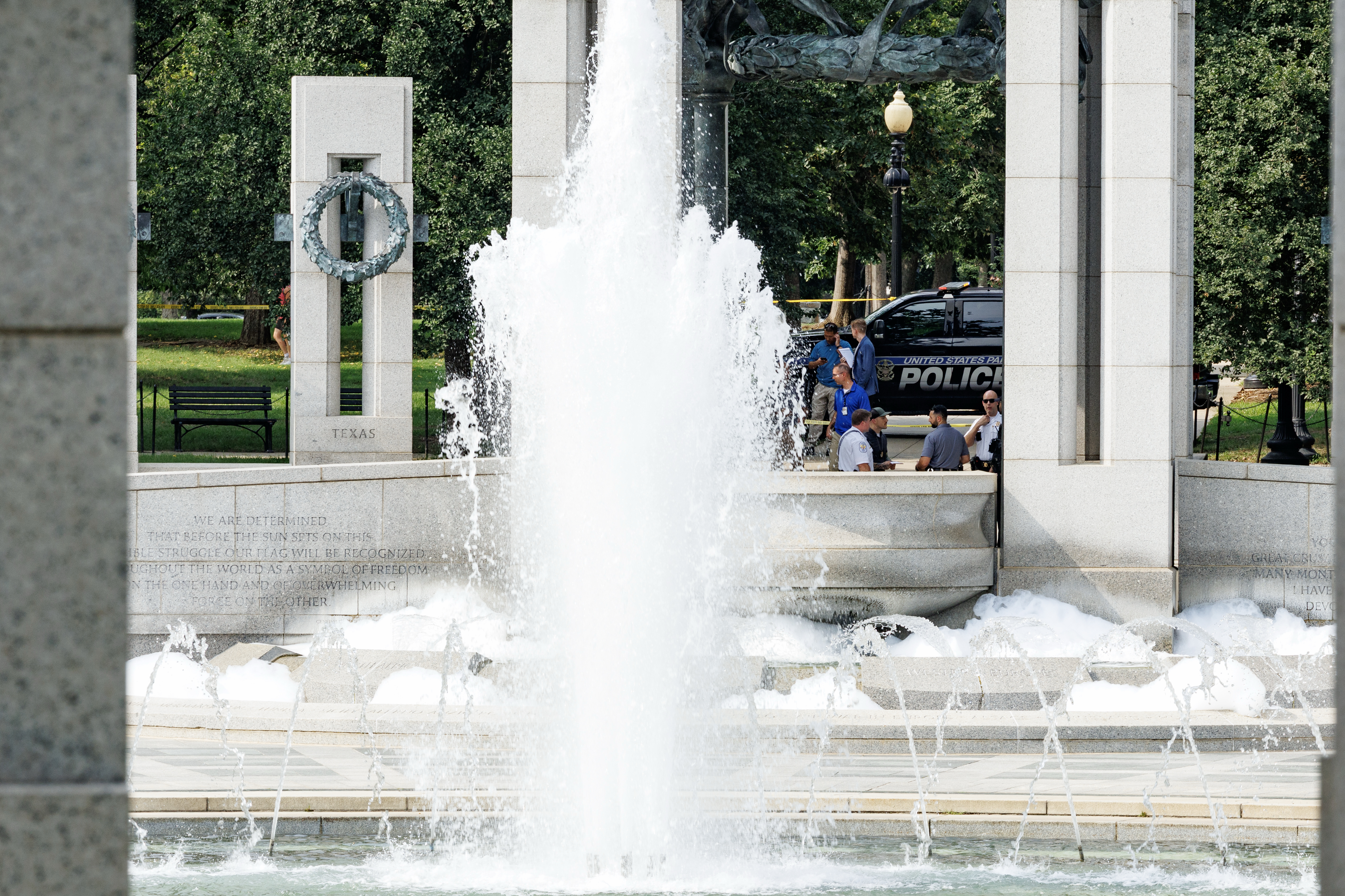 Soapy bubbles appeared in the World War II Memorial fountain on Thursday in an apparent act of vandalism. (Tyler M. Andrews/The Washington Post)