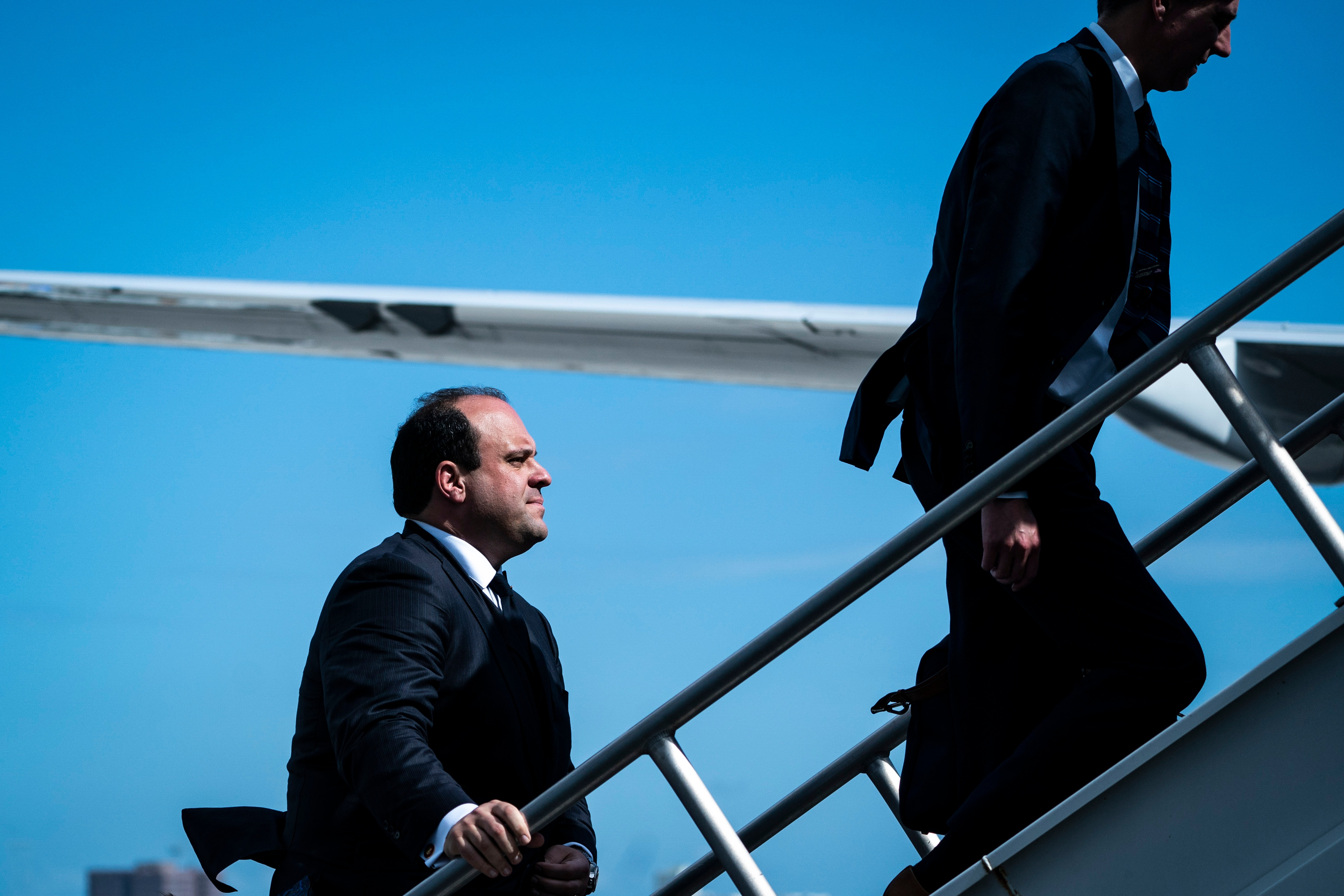 Boris Epshteyn boards Donald Trump’s airplane after Trump pleaded not guilty to federal charges in Miami on June 13, 2023. (Jabin Botsford/The Washington Post)