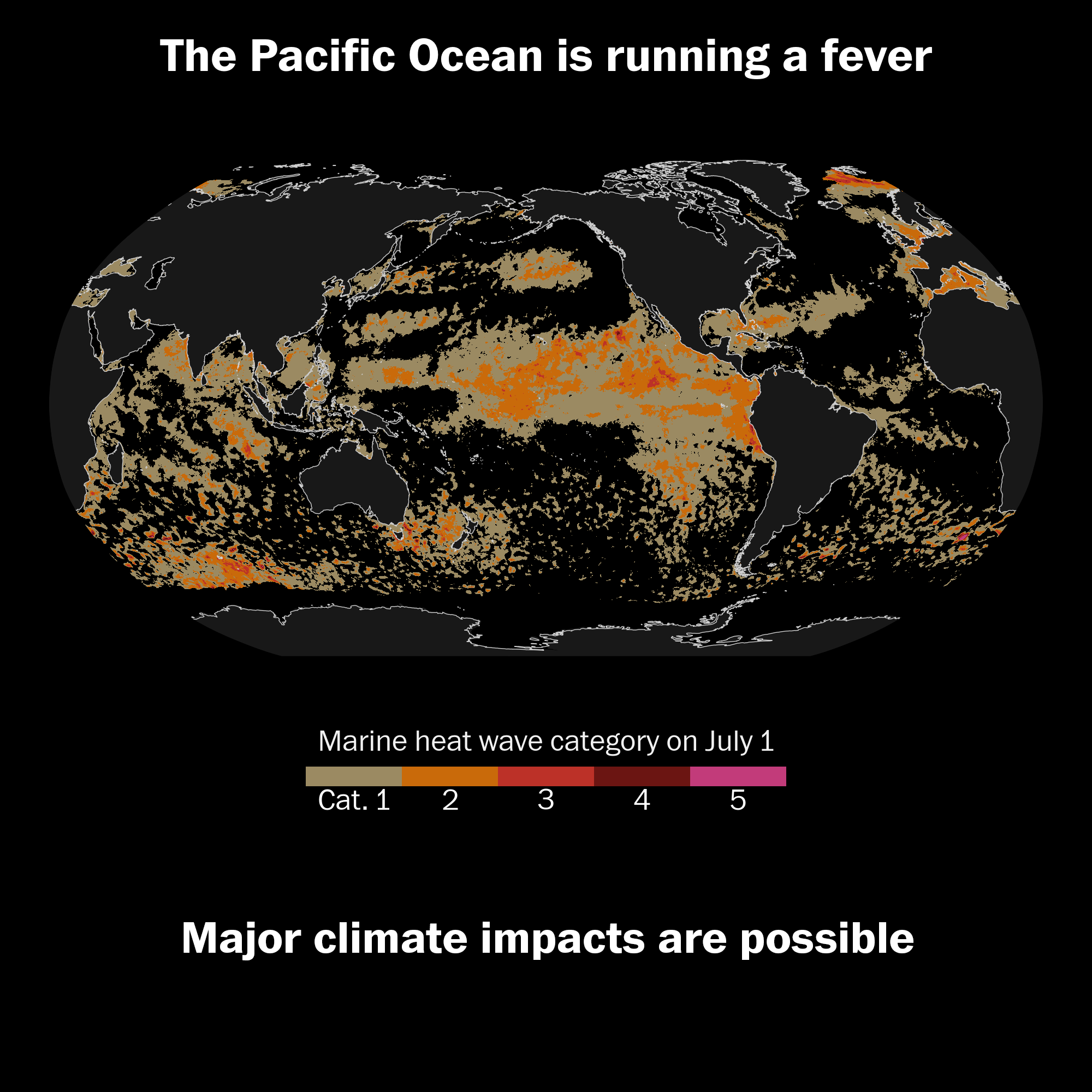 A massive marine heat wave covers the Pacific Ocean. (Ben Noll/The Post; NOAA/Coral Reef Watch)