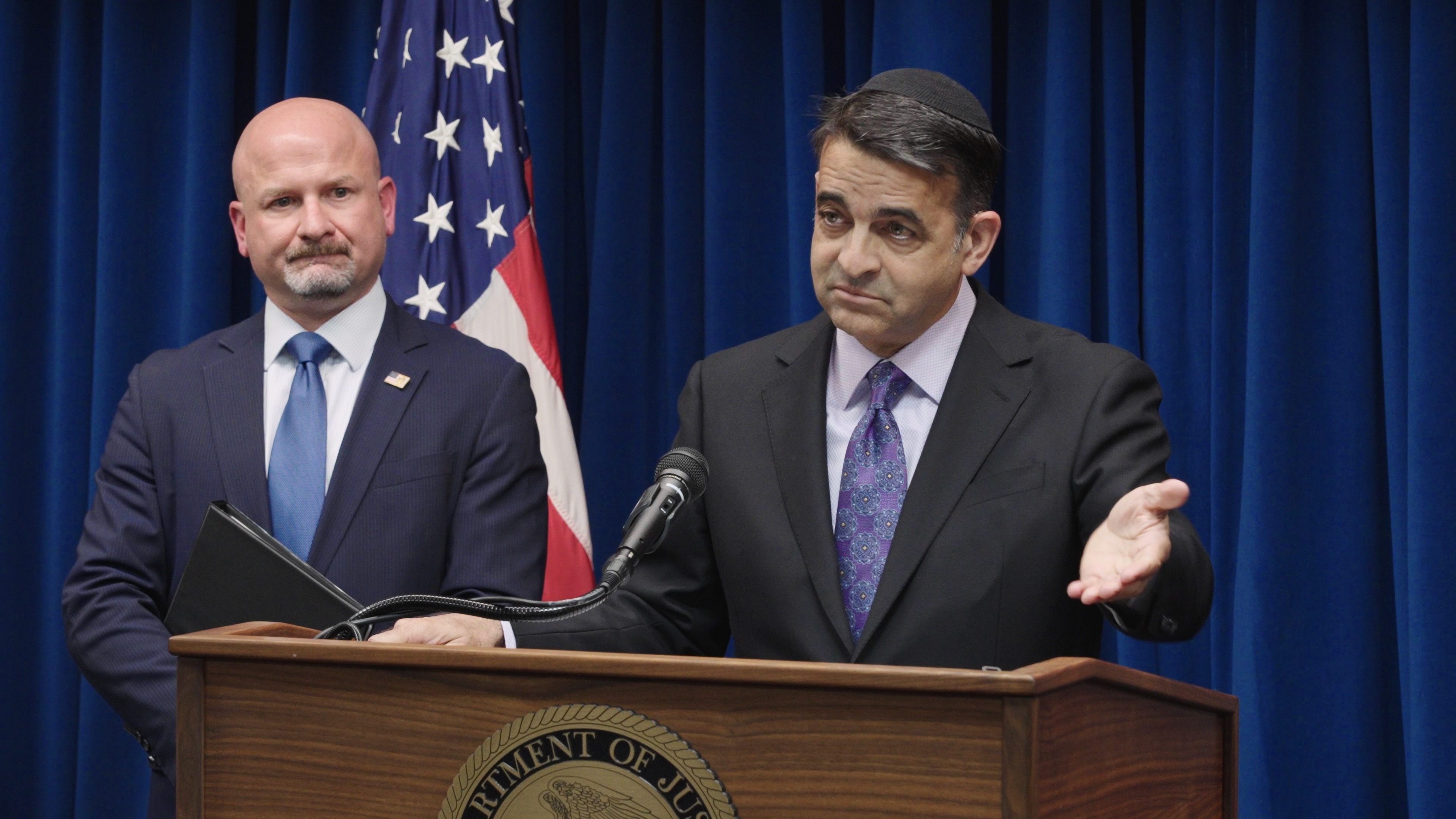 U.S. Attorney Daniel Rosen, right, and Homeland Security Investigations Special Agent in Charge Michael McCarthy announce charges Tuesday against 15 people for allegedly conspiring to interfere and injure federal immigration agents during Operation Metro Surge in Minneapolis early this year. (Mark Vancleave/AP)