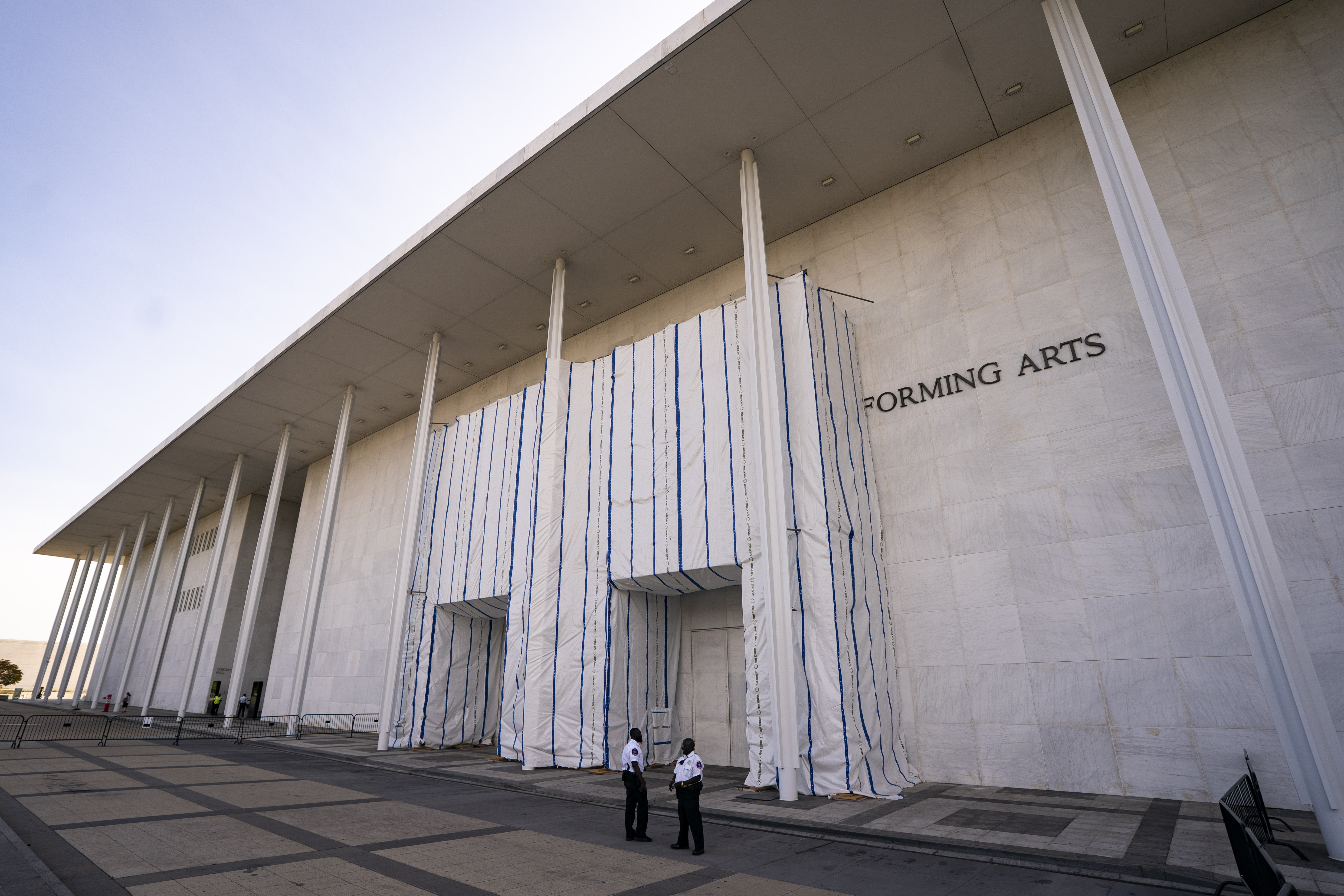 Scaffolding and tarps outside the Kennedy Center in Washington in June. (Al Drago/For The Washington Post)