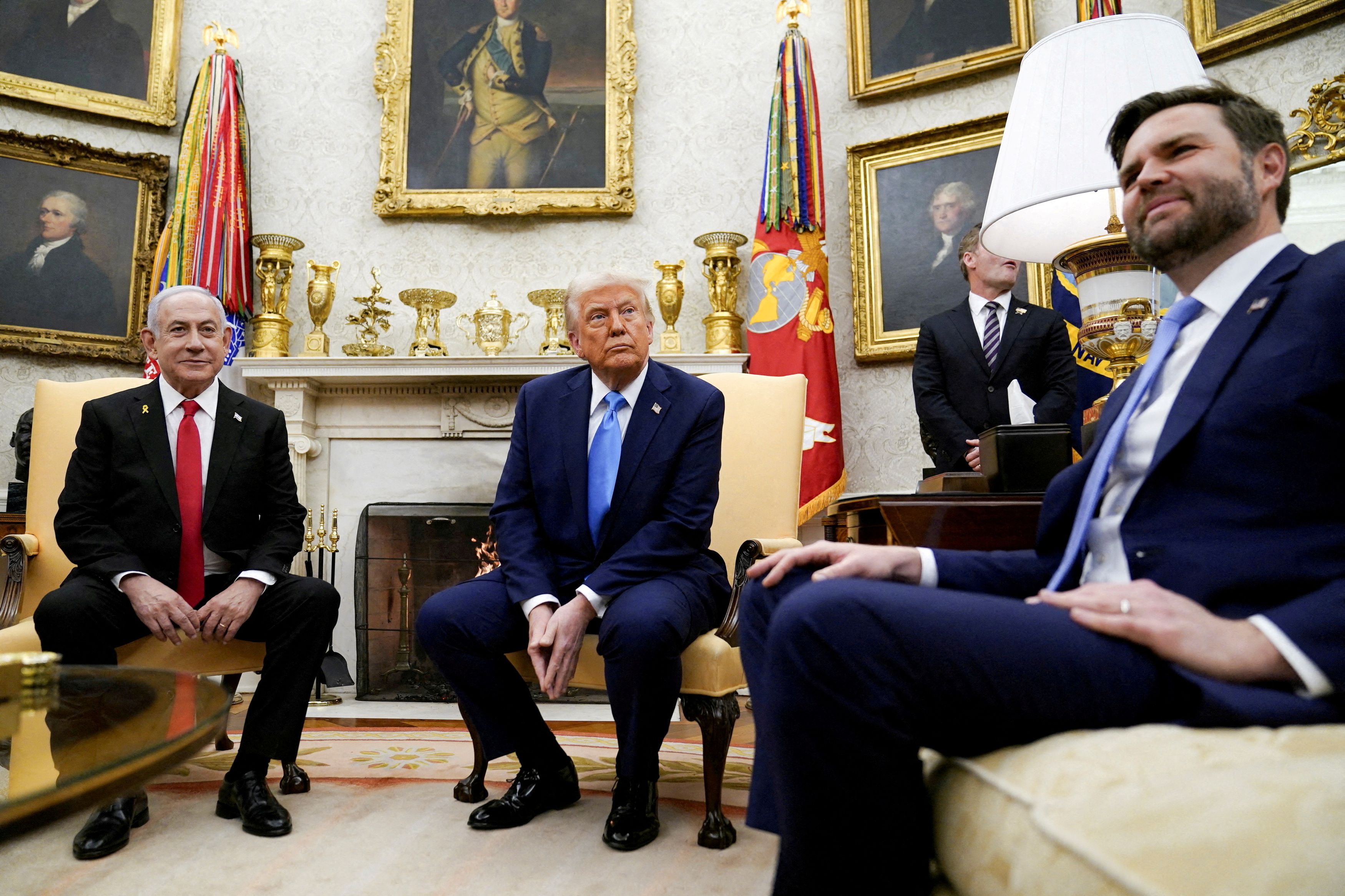 Israeli Prime Minister Benjamin Netanyahu, left, with President Donald Trump and Vice President JD Vance at the White House last year. (Elizabeth Frantz/Reuters)