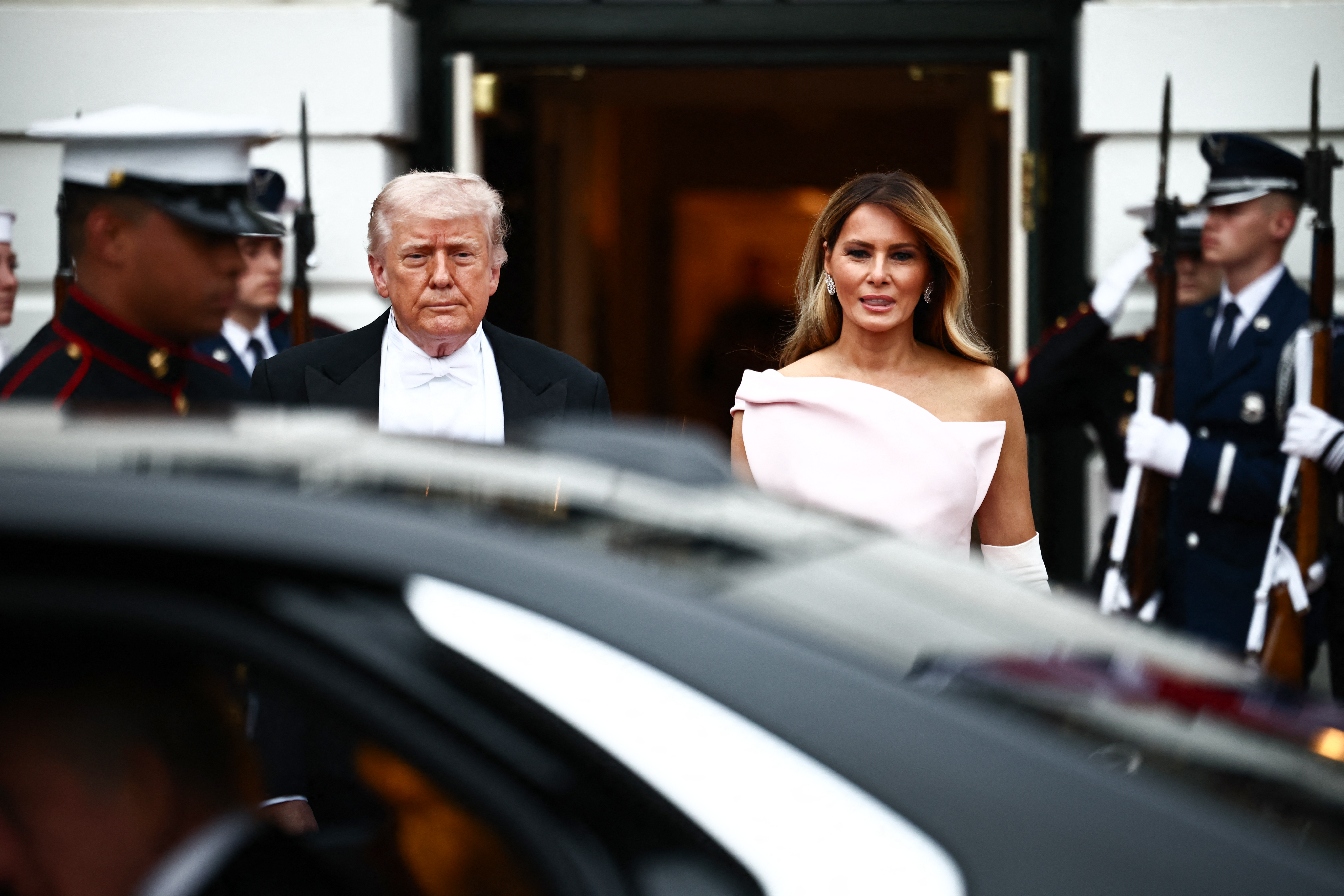 President Donald Trump and first lady Melania Trump wait for the arrival of Britain’s King Charles III and Queen Camilla. (Henry Nicholls/AFP/Getty Images)
