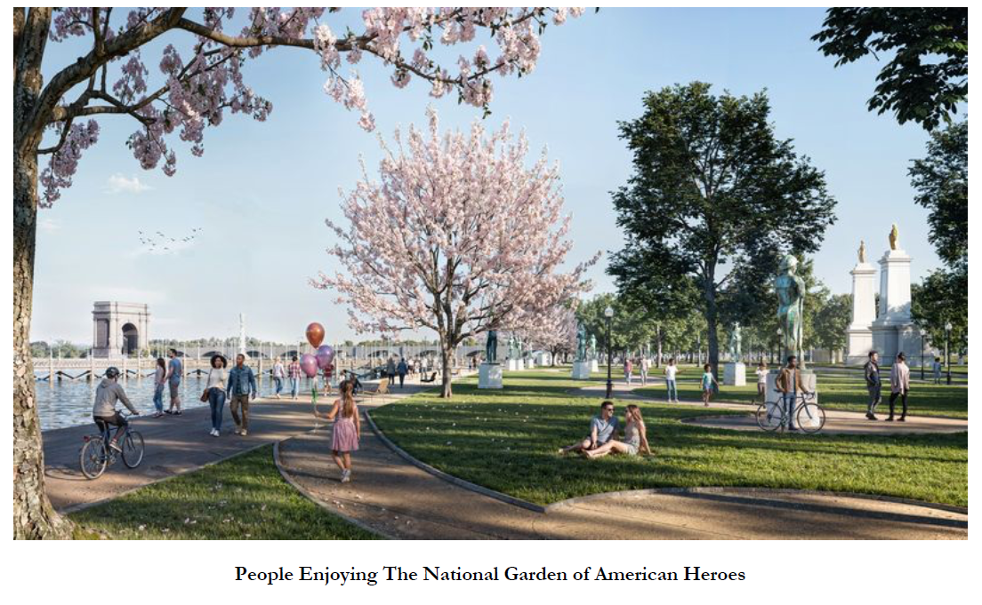 A fundraising pitch, obtained by The Washington Post, includes renderings of President Donald Trump's proposed "National Garden of American Heroes." (Obtained by The Washington Post)