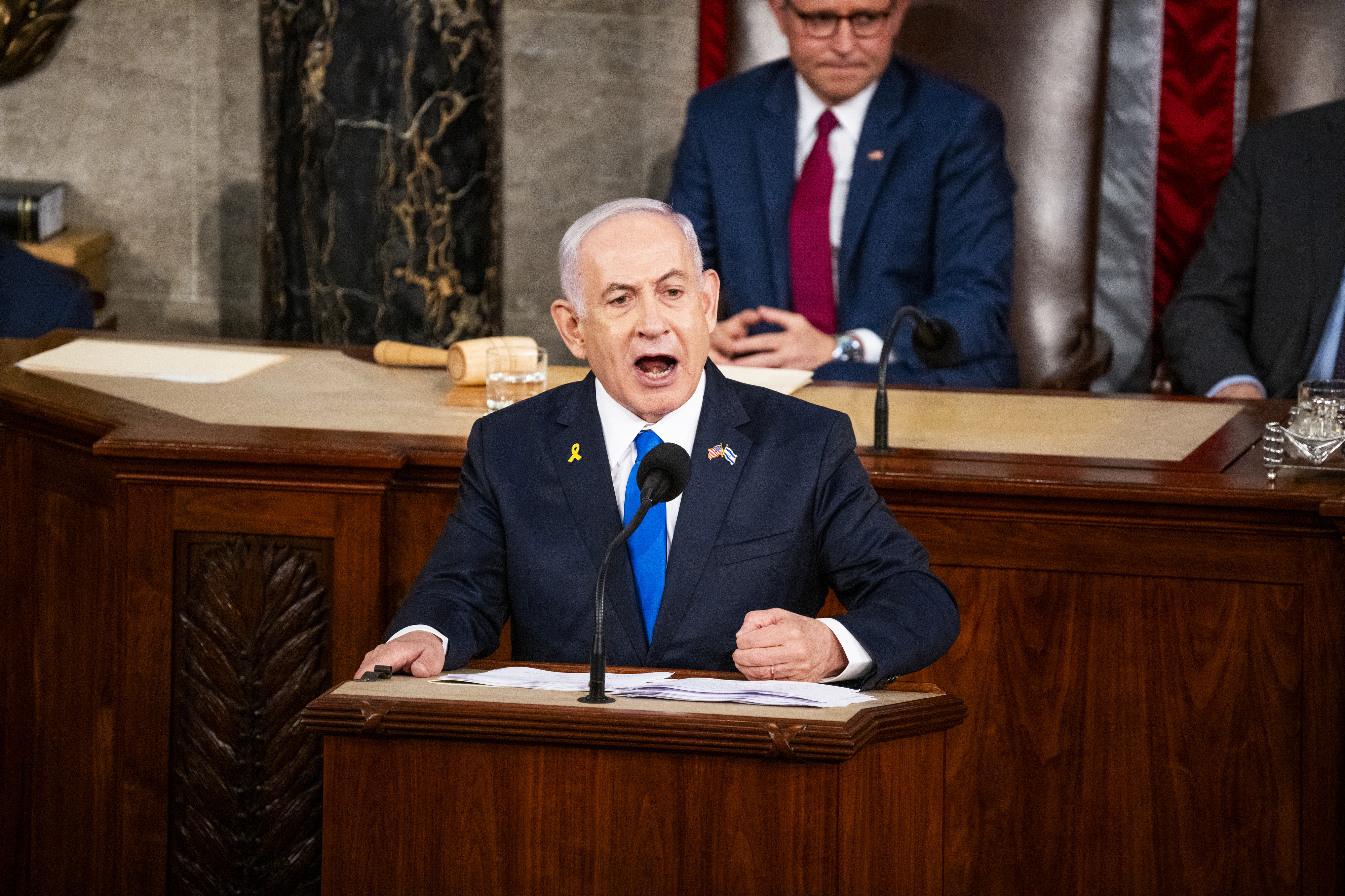 Israeli Prime Minister Benjamin Netanyahu addresses a joint meeting of Congress in 2024. (Pete Kiehart/For The Washington Post)