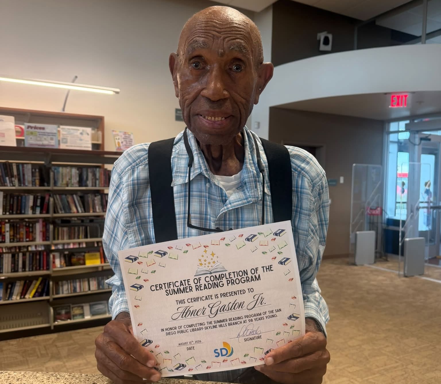 Abner Gaston Jr., 98, completed this year's San Diego Public Library summer reading program.