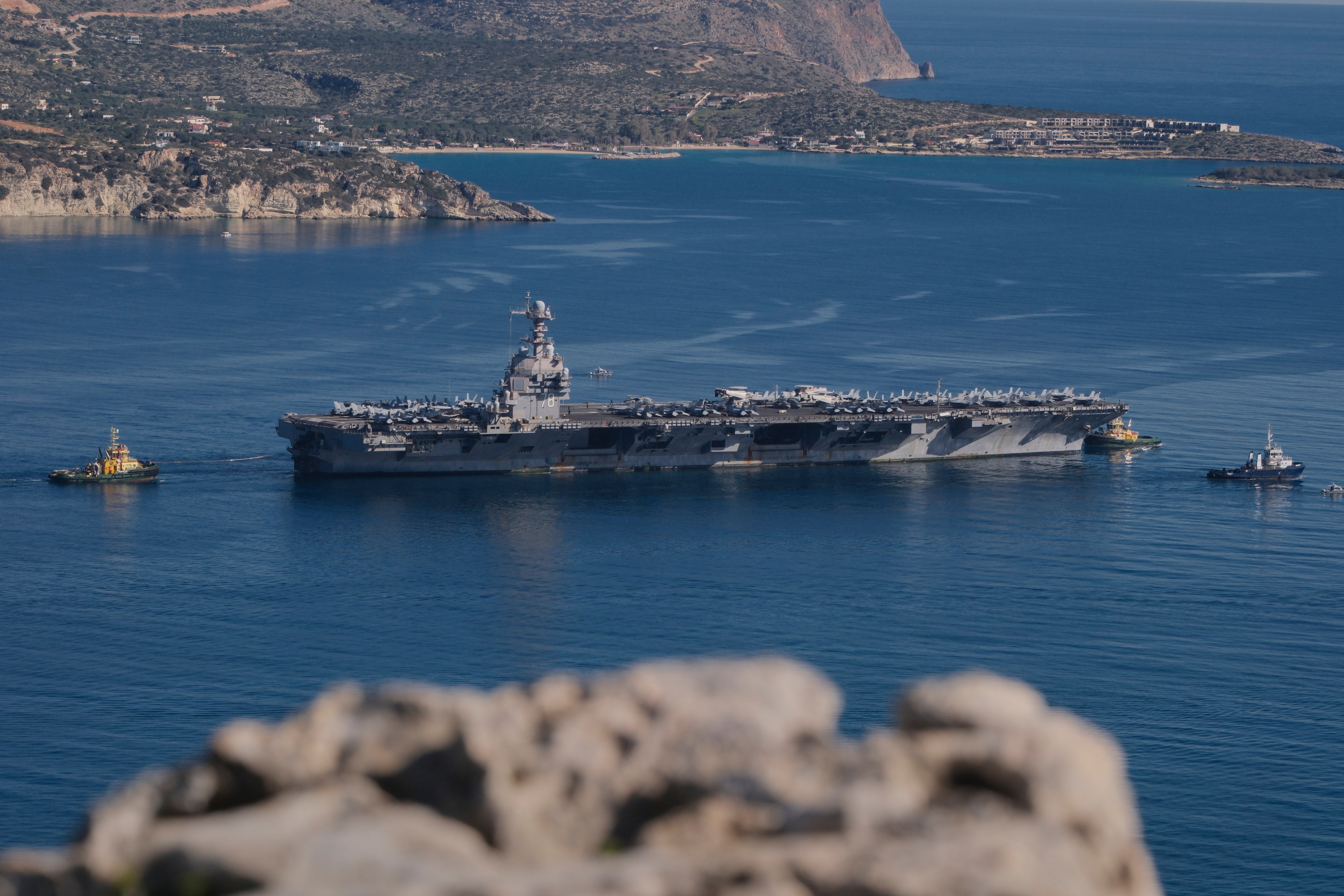 The aircraft carrier USS Gerald R. Ford off Crete in late February. (Giannis Angelakis/AP)