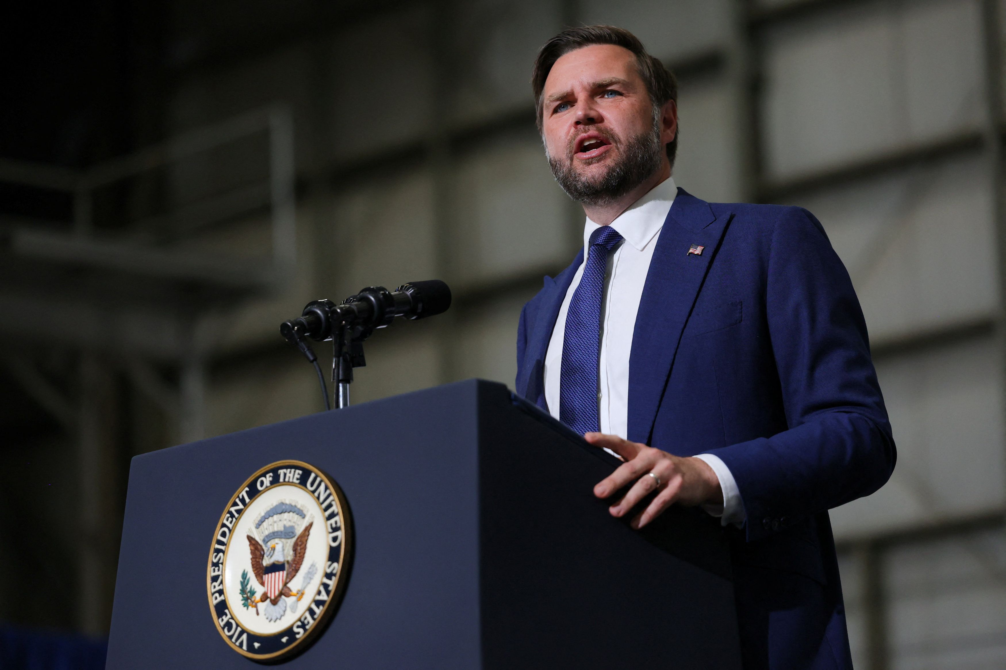 Vice President JD Vance speaks Wednesday during a visit to Wisconsin Air National Guard's 128th Air Refueling Wing at the Milwaukee airport. (Jim Vondruska/Reuters)