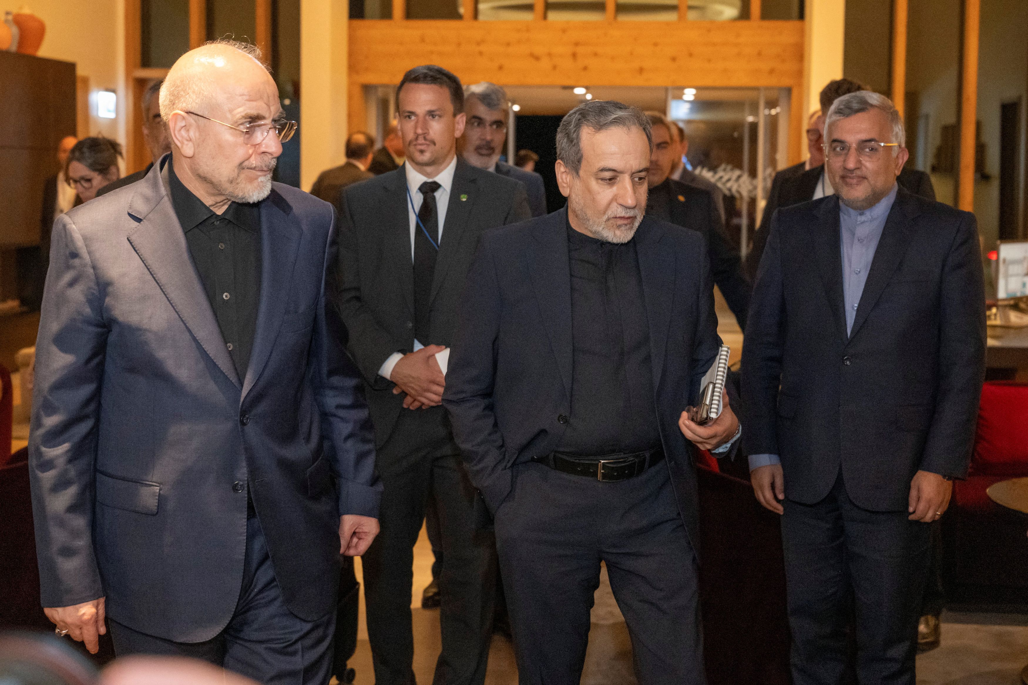 Iranian Foreign Minister Abbas Araghchi, center, with parliament speaker Mohammad Bagher Ghalibaf, left, on June 20. (Urs Flueeler/Pool/Reuters)