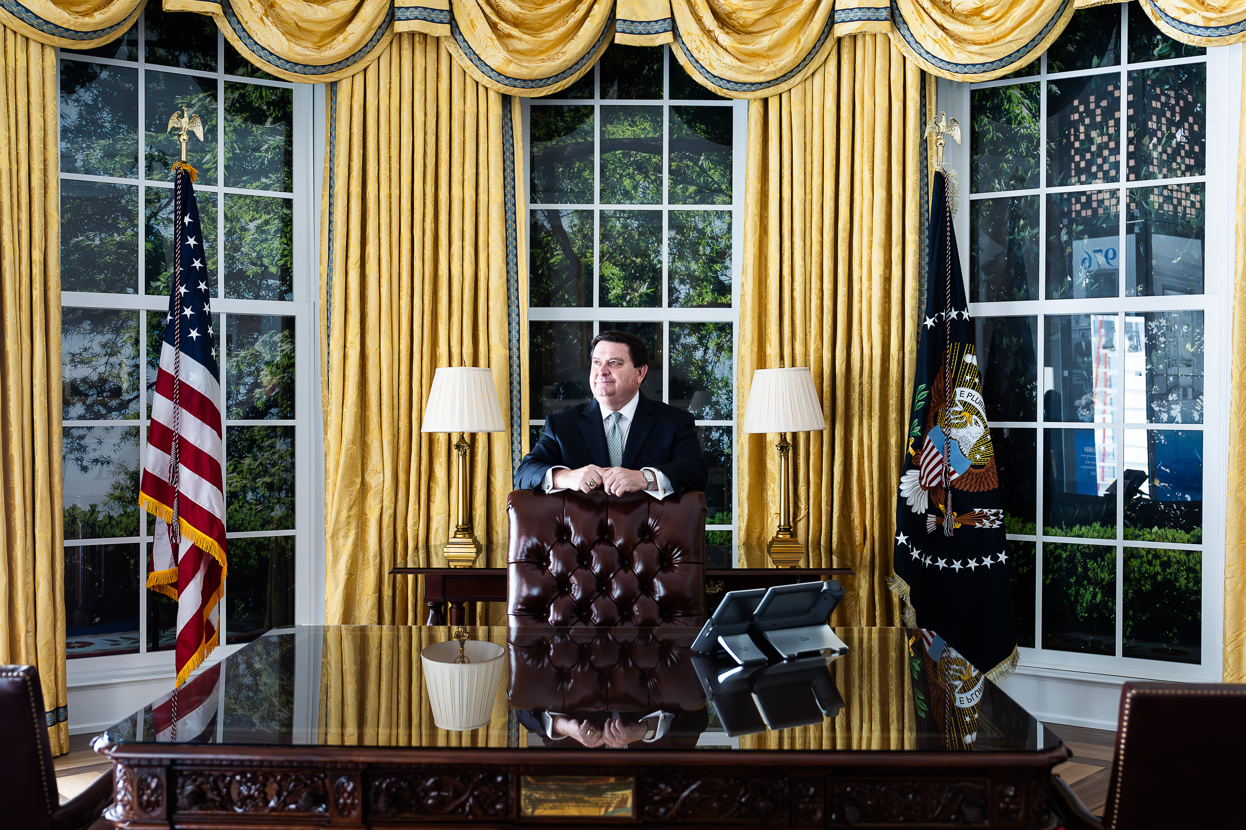 Stewart McLaurin, the head of the White House Historical Association, is shown in 2024 inside the replica of the Oval Office at “The People's House" exhibit. (Tierney L. Cross/For The Washington Post)