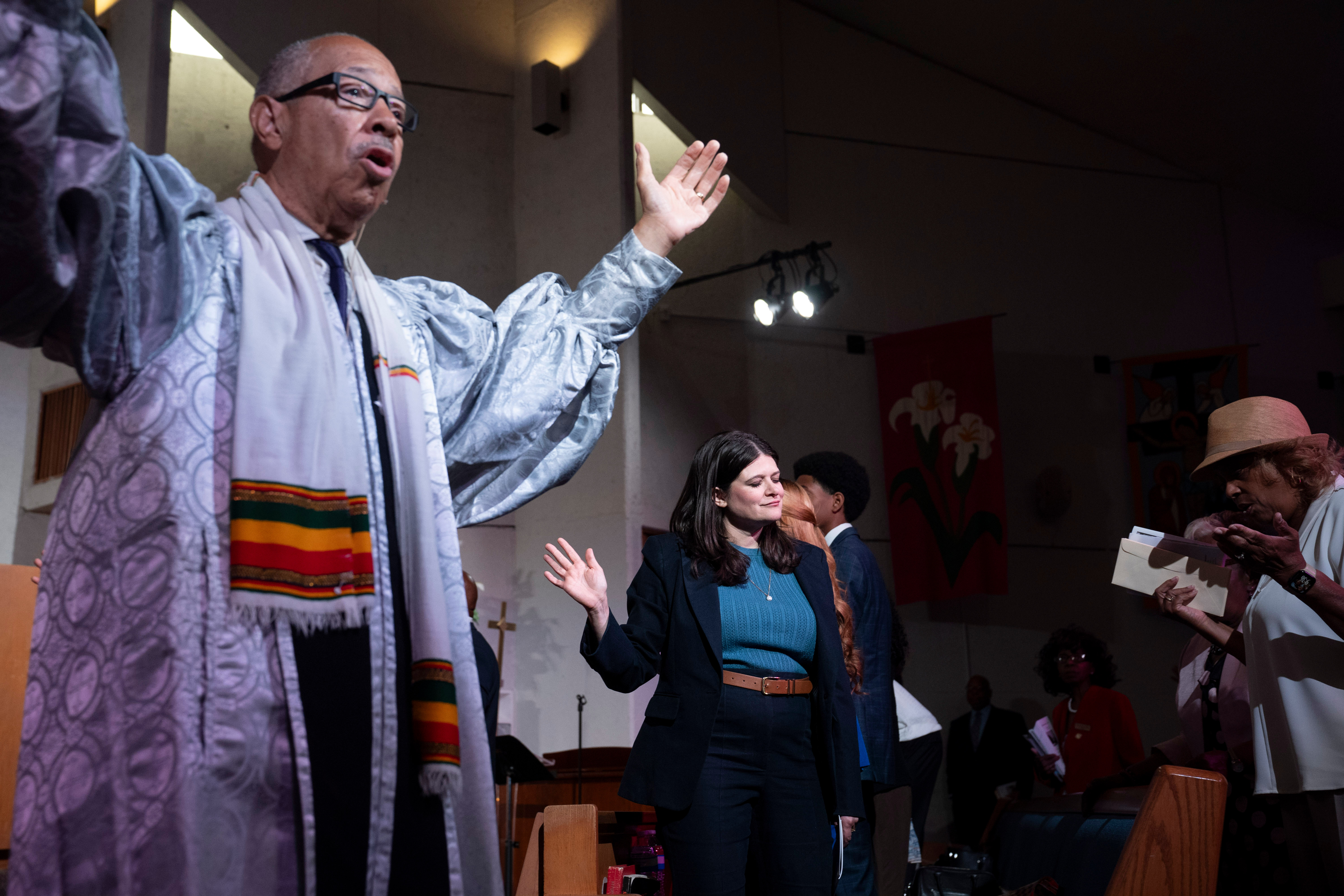 Rep. Haley Stevens (D-Michigan) visits Plymouth United Church of Christ in Detroit on July 26. She faces Abdul El-Sayed, a progressive primary opponent. (Bloomberg/Getty Images)